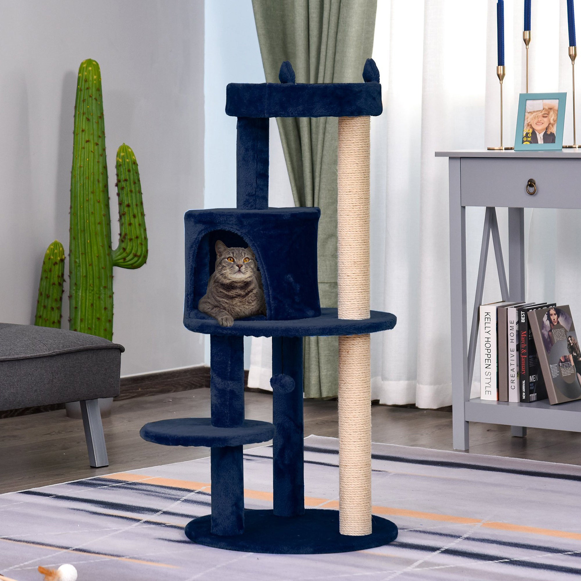 PawHut Feline Playground: 3-Tier Sisal Rope Scratching Post with Dangling Toy, Interactive & Durable, Blue