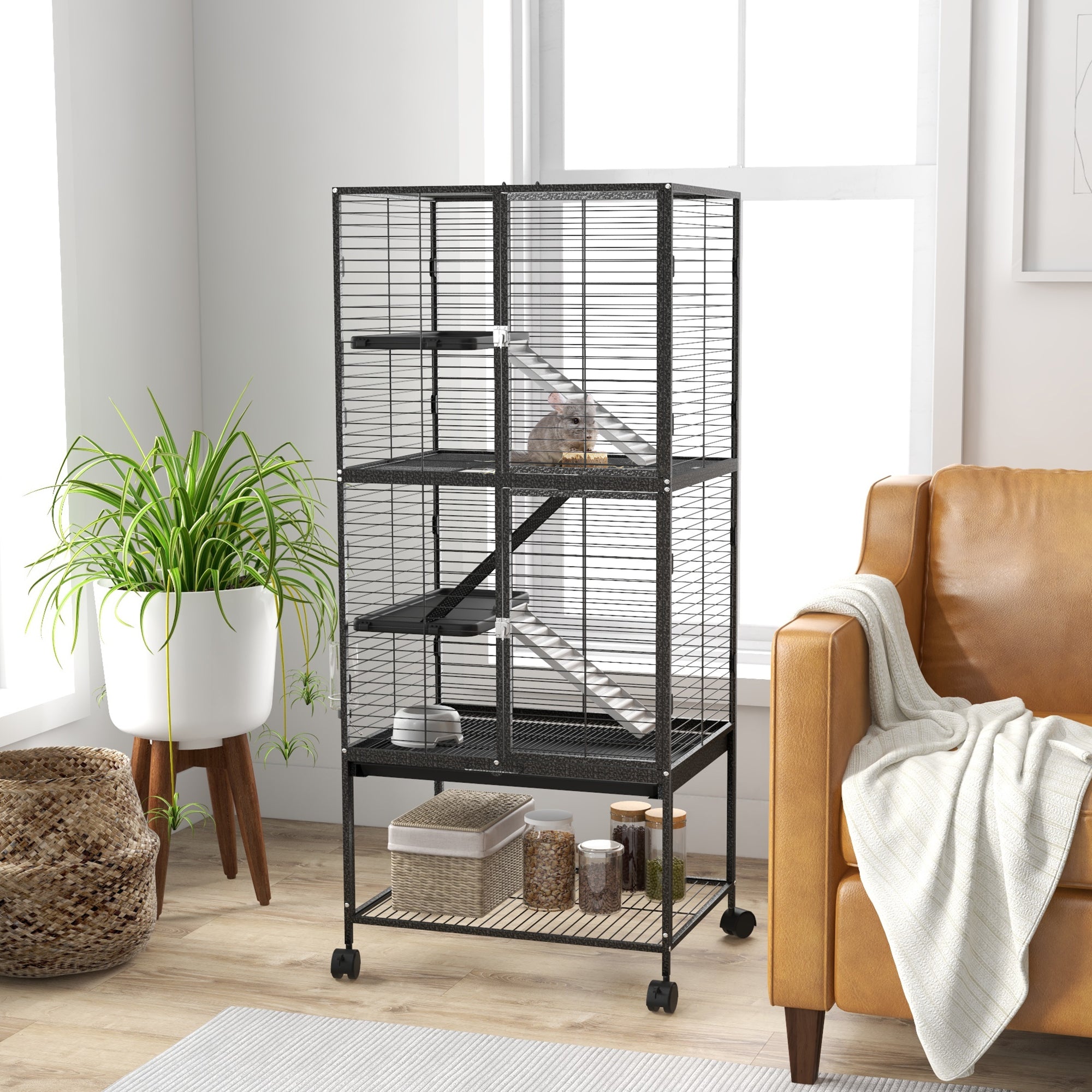 PawHut Rolling Chinchilla Cage, Small Animal Cage for Ferrets w/ Three Doors, Storage, Shelf, Tray Tray, Bowl, Water Bottle - North Peak Garden Furniture