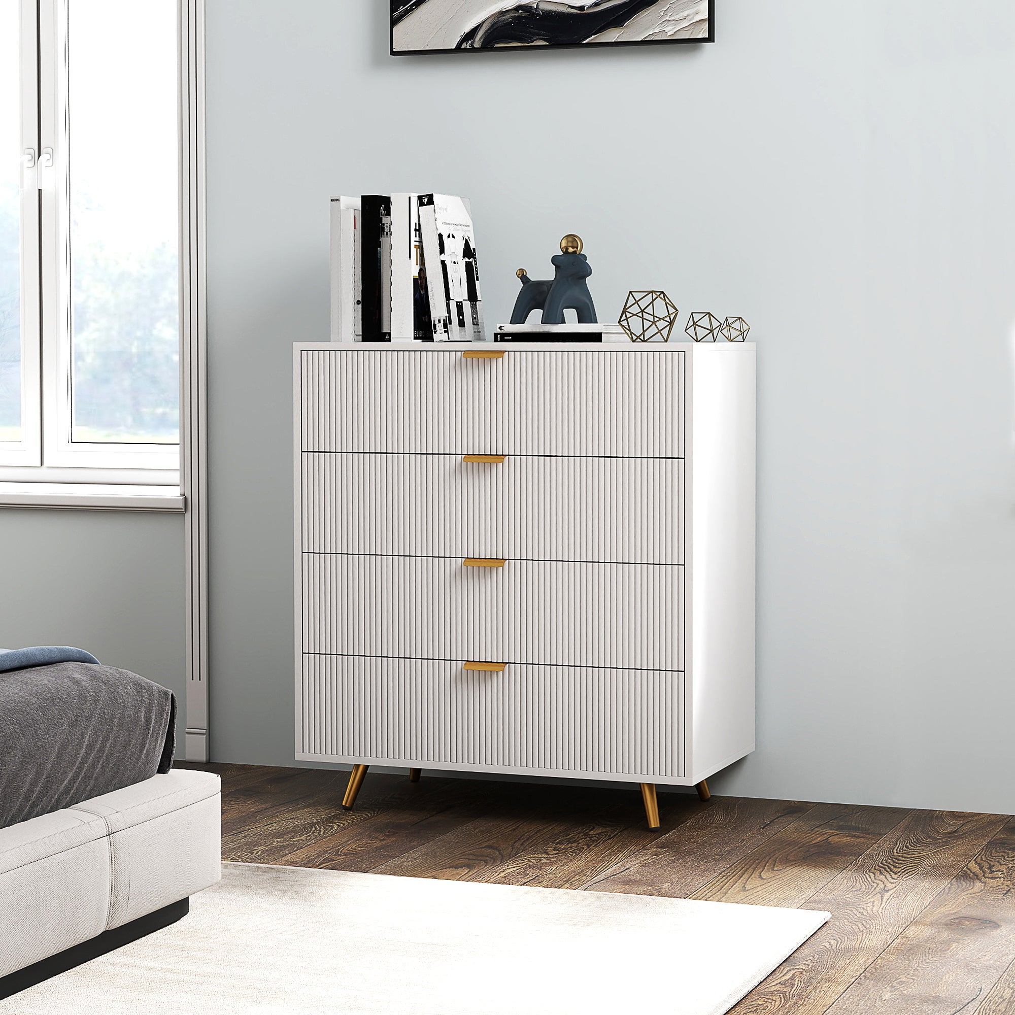 HOMCOM Elegant Four-Drawer Bedside Table - White - North Peak Garden Furniture