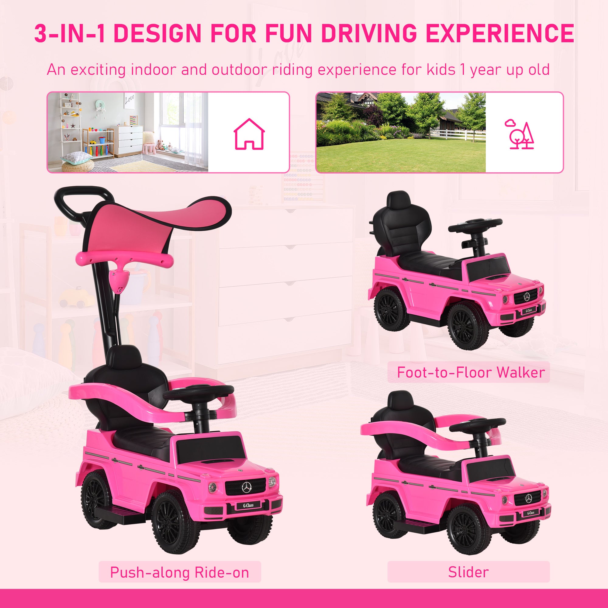 HOMCOM 3 in 1 Kids Children Ride on Push Car Toddler Sliding Car G350 Licensed Walker Foot to Floor Slider Push-Along with Horn Steering Wheel NO POWER Manual, Pink - North Peak Garden Furniture