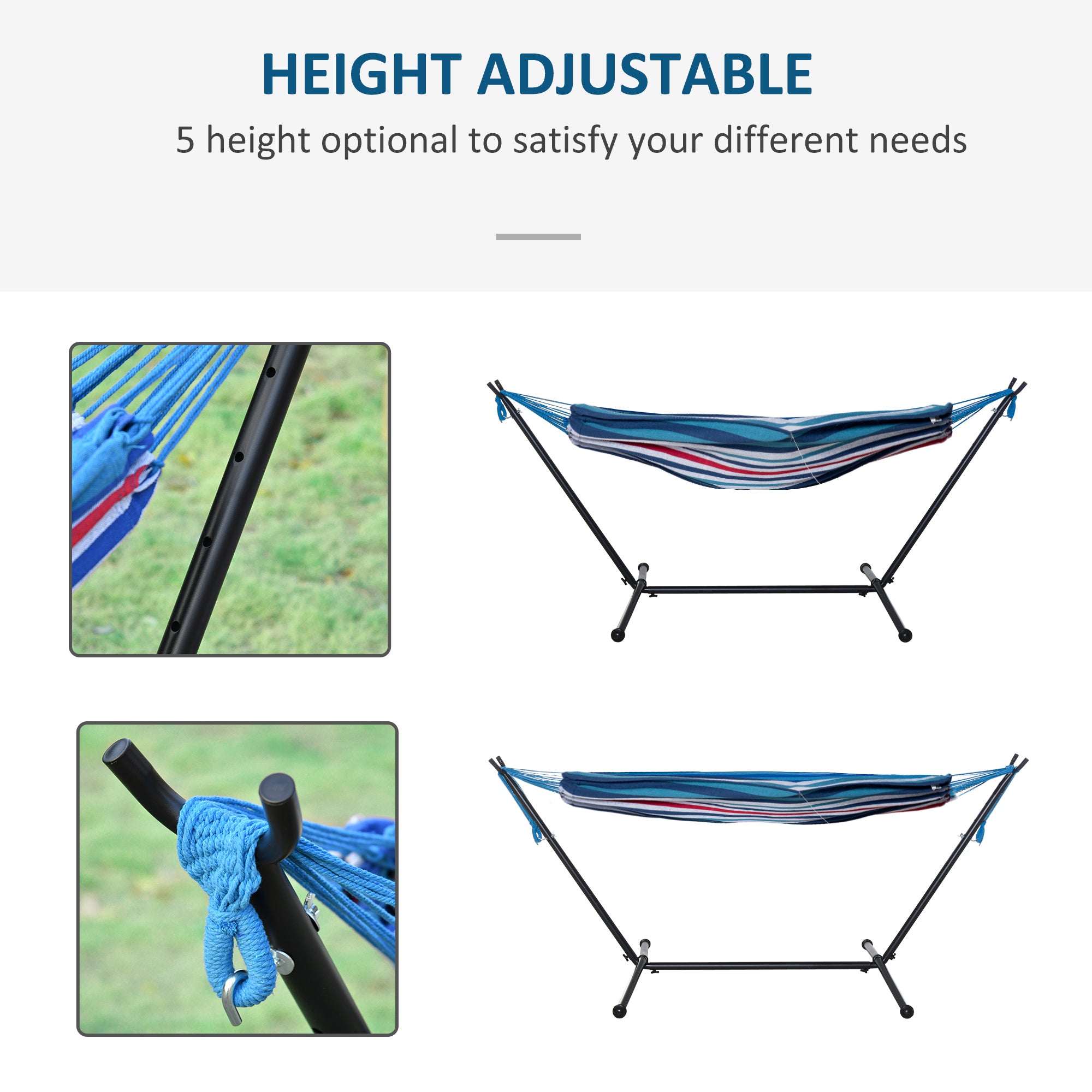 Outsunny 298 x 117cm Hammock with Stand Camping Hammock with Portable Carrying Bag, Adjustable Height, 120kg Load Capacity, White Stripe