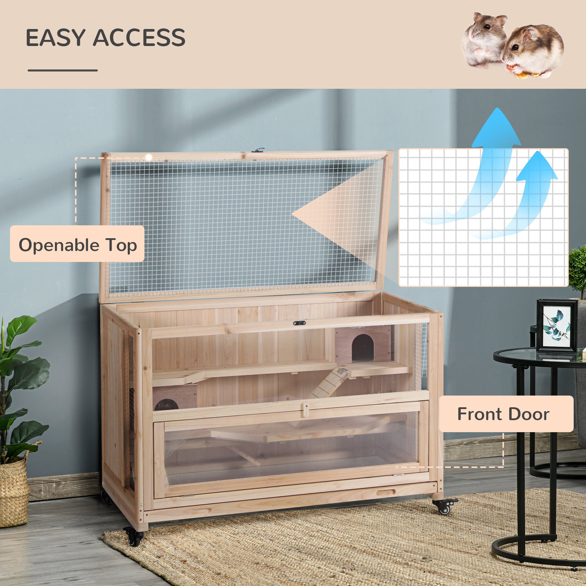 PawHut Wooden Hamster Cage, Mice Rodent Small Animals Kit Hutch, 3 Tiers Exercise Play House, with Wheels, Bottom Tray, 99 x 50 x 69 cm, Natural Wood - North Peak Garden Furniture
