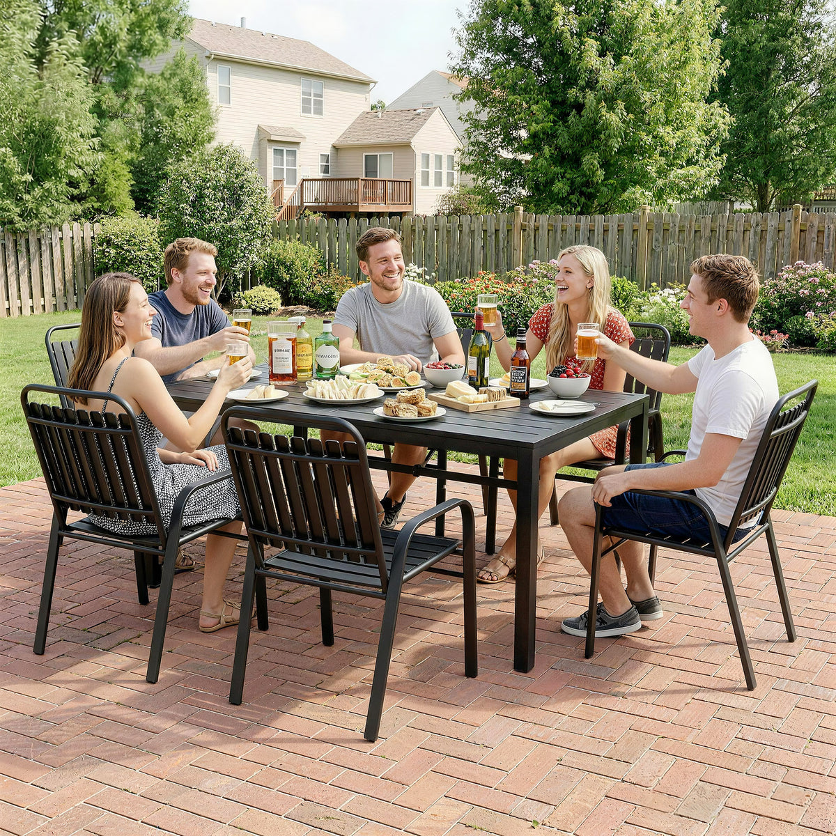 Outsunny 7 Pieces Outdoor Dining Set with Umbrella Hole, Garden Table and Chairs Set for 6 with Metal Table and Stackable Chairs