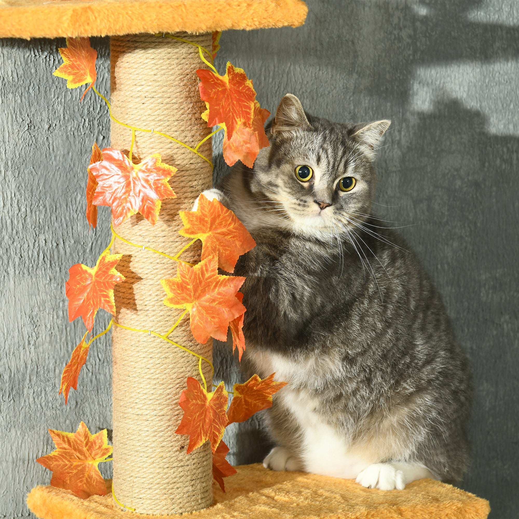 PawHut 242cm Adjustable Floor-To-Ceiling Cat Tree, with Artificial Decoration, Perches, Anti-Slip Kit - Orange - North Peak Garden Furniture