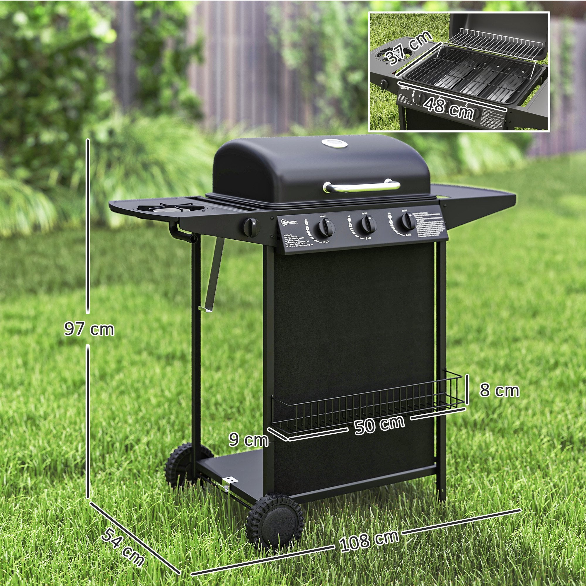 Outsunny 3+1 Burner Gas BBQ Grill, Portable Gas Barbecue Grill with Built-in Thermometer, Lid, Side Table, Shelf, Spice Rack, Wheels, Grease Cup for Garden Party Outdoor Cooking, Black