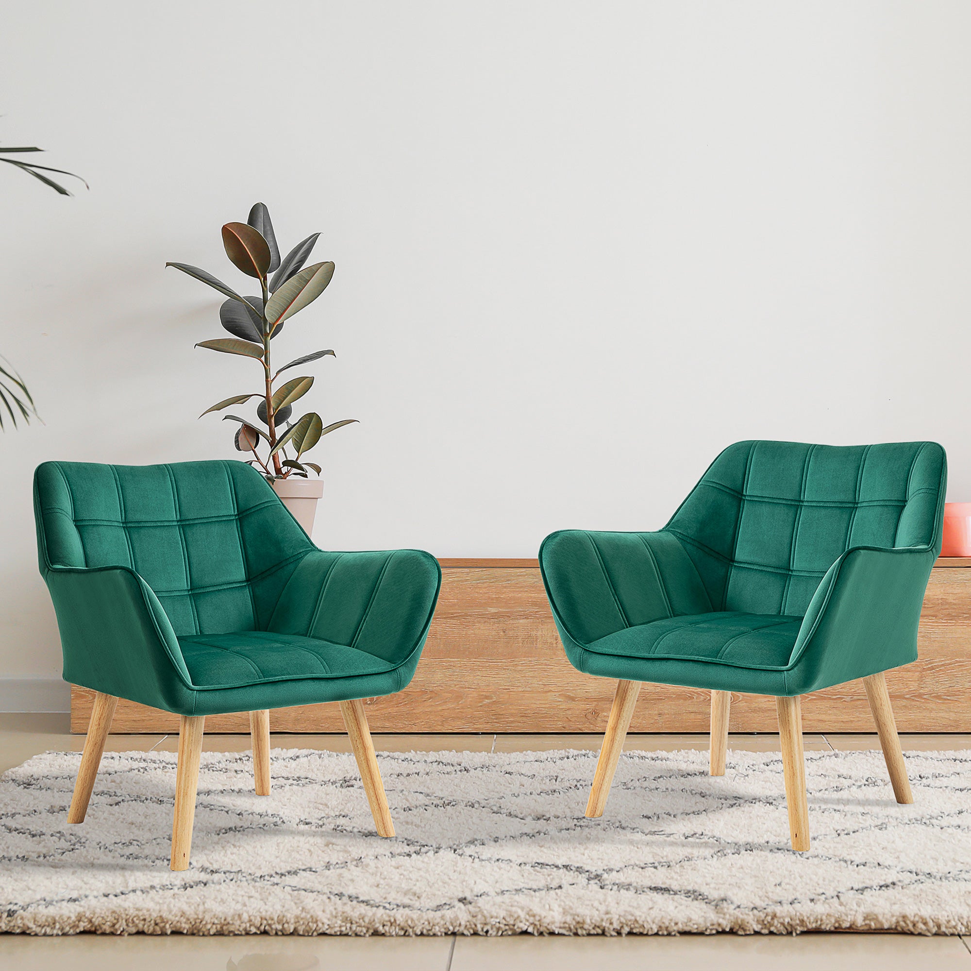 HOMCOM Armchair Accent Chair, Vanity Chair with Wide Arms, Slanted Back, Padding, Metal Frame, Wooden Legs, Home Bedroom Furniture Seating, Set of 2, Green - North Peak Garden Furniture