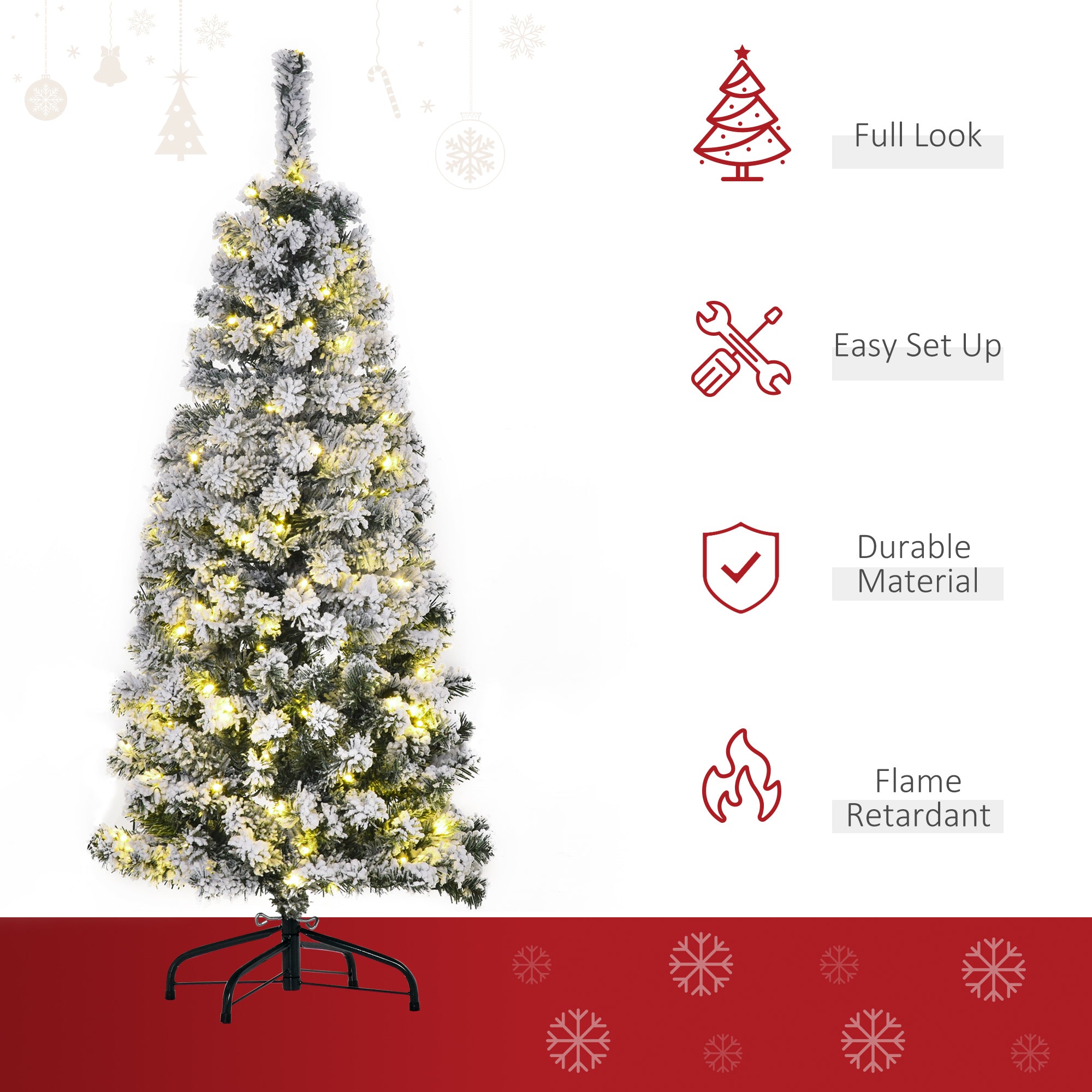 HOMCOM 4FT Prelit Artificial Snow Flocked Christmas Tree with Warm White LED Light, Holiday Home Xmas Decoration, Green White - North Peak Garden Furniture