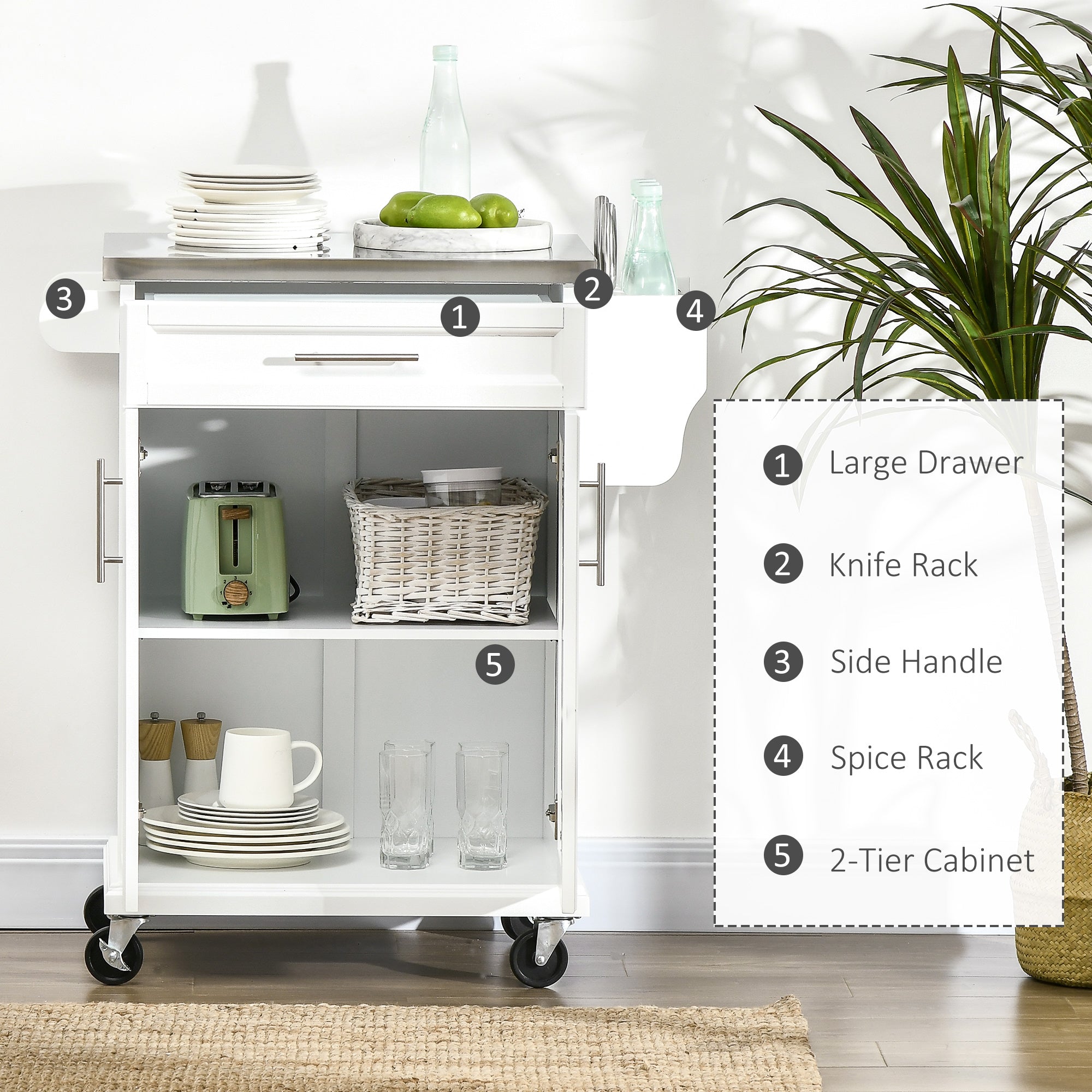 HOMCOM Wooden Kitchen Island on Wheels, Serving Cart Storage Trolley with Stainless Steel Top, Drawer, Side Handle and Rack, White - North Peak Garden Furniture