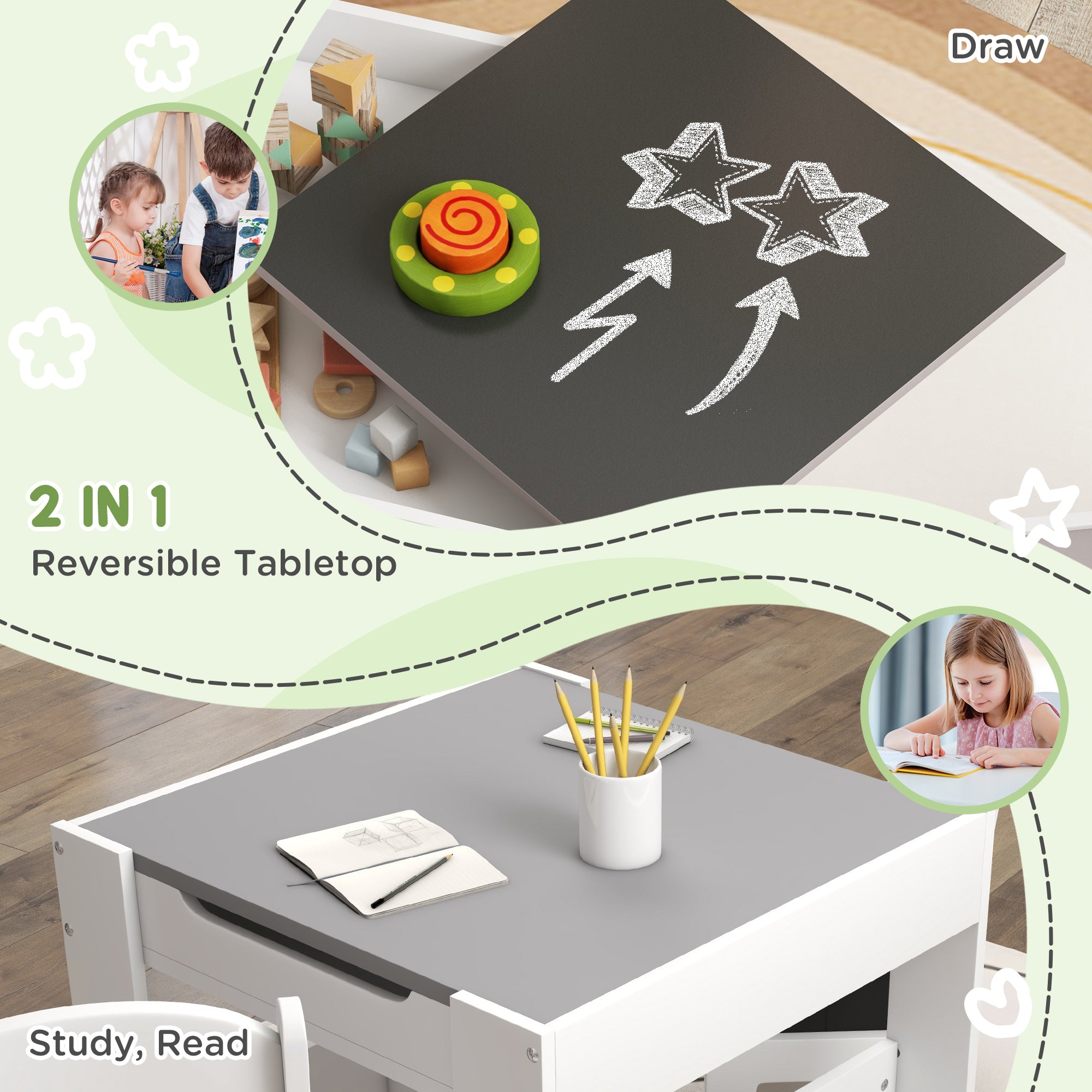HOMCOM Three-Piece Kids Table and Chair Set with Blackboard, Storage, Bookshelves - Grey - North Peak Garden Furniture
