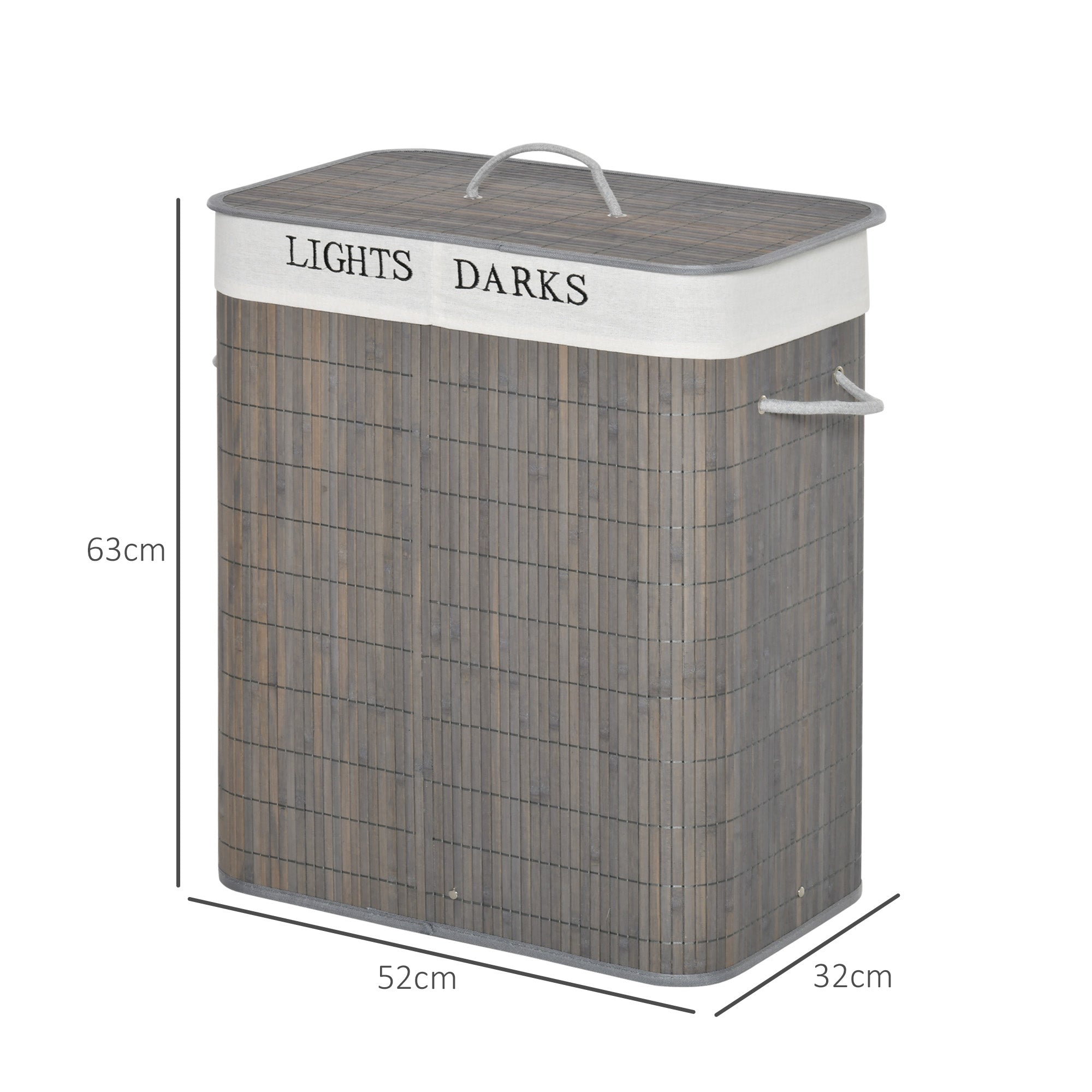 HOMCOM 100L Laundry Basket with Lid String Handles, 2 Section Collapsible Hamper Removable Lining Foldable Water-Resistant Dirty Clothes Storage, Grey - North Peak Garden Furniture
