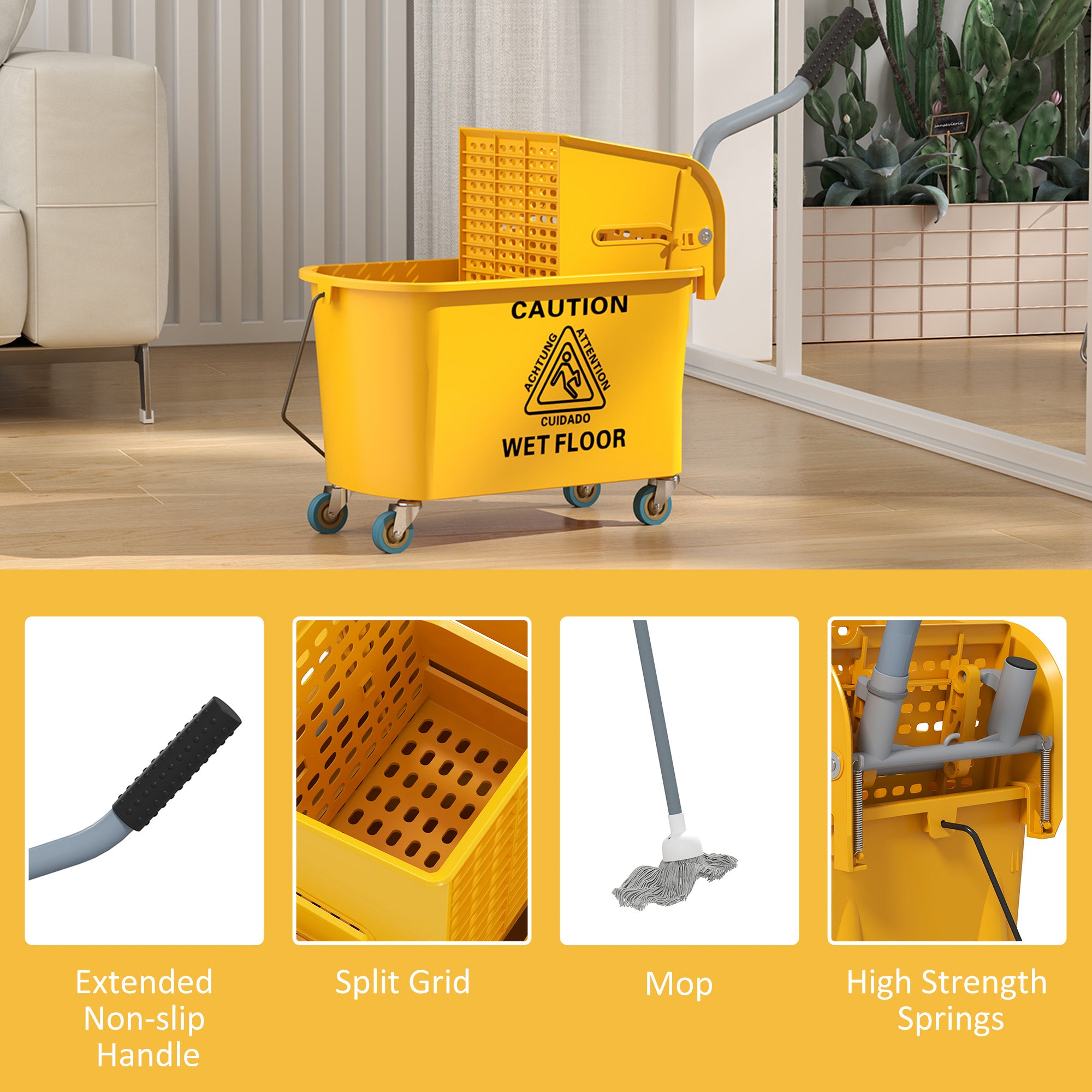 HOMCOM Mop Bucket with Wringer Set on Wheels for Floor Cleaning, 20 Litre Side Press Wringer with Handle and Mop, Yellow - North Peak Garden Furniture
