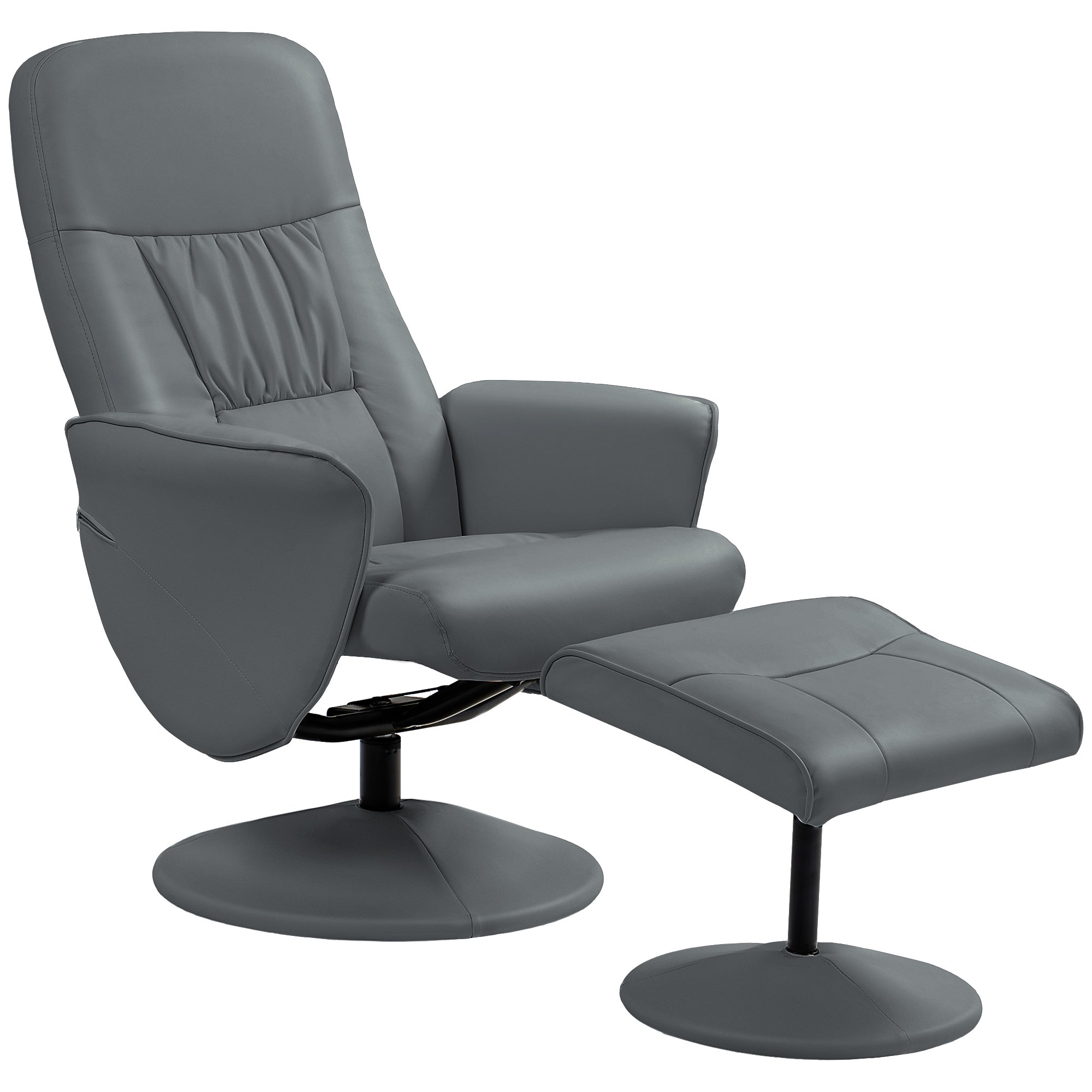 HOMCOM Swivel Recliner Chair with Footstool, PU Leather Armchair and Ottoman with High Back and Round Base for Living Room, Grey - North Peak Garden Furniture