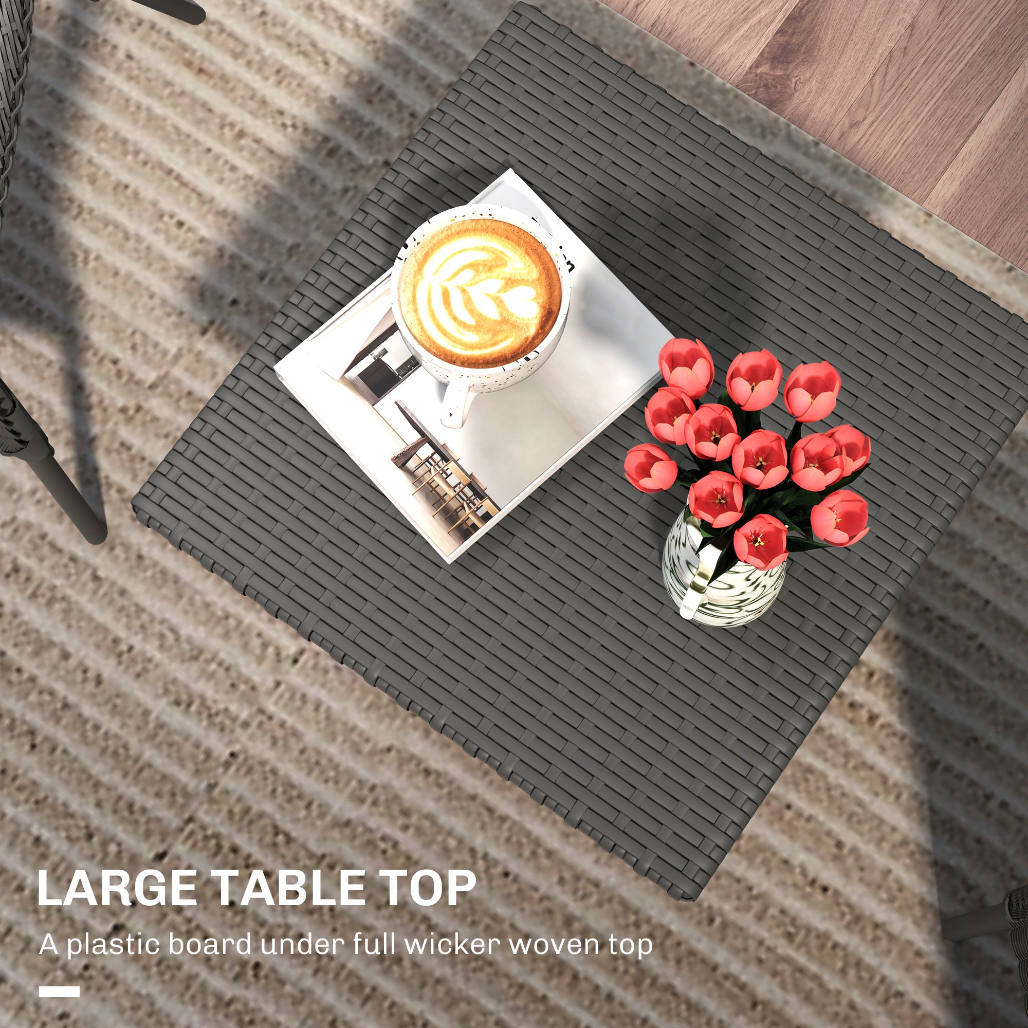 Outsunny Rattan Side Table, Outdoor Coffee Table with Plastic Board Under the Full Woven Table Top for Patio, Garden, Balcony, Grey - North Peak Garden Furniture