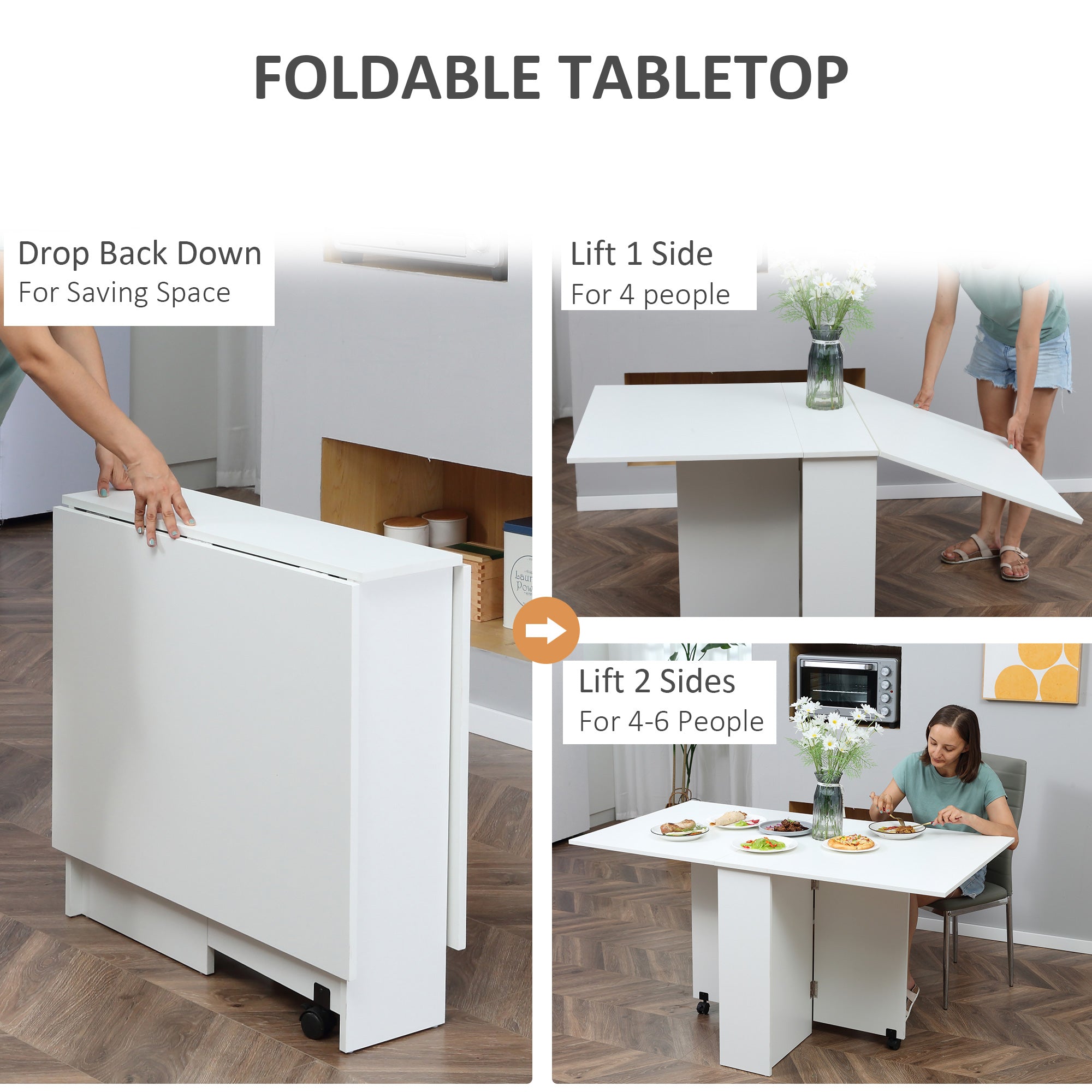 HOMCOM Folding Dining Table, Drop Leaf Table for Small Spaces with 2-tier Shelves, Small Kitchen Table with Rolling Casters, White - North Peak Garden Furniture