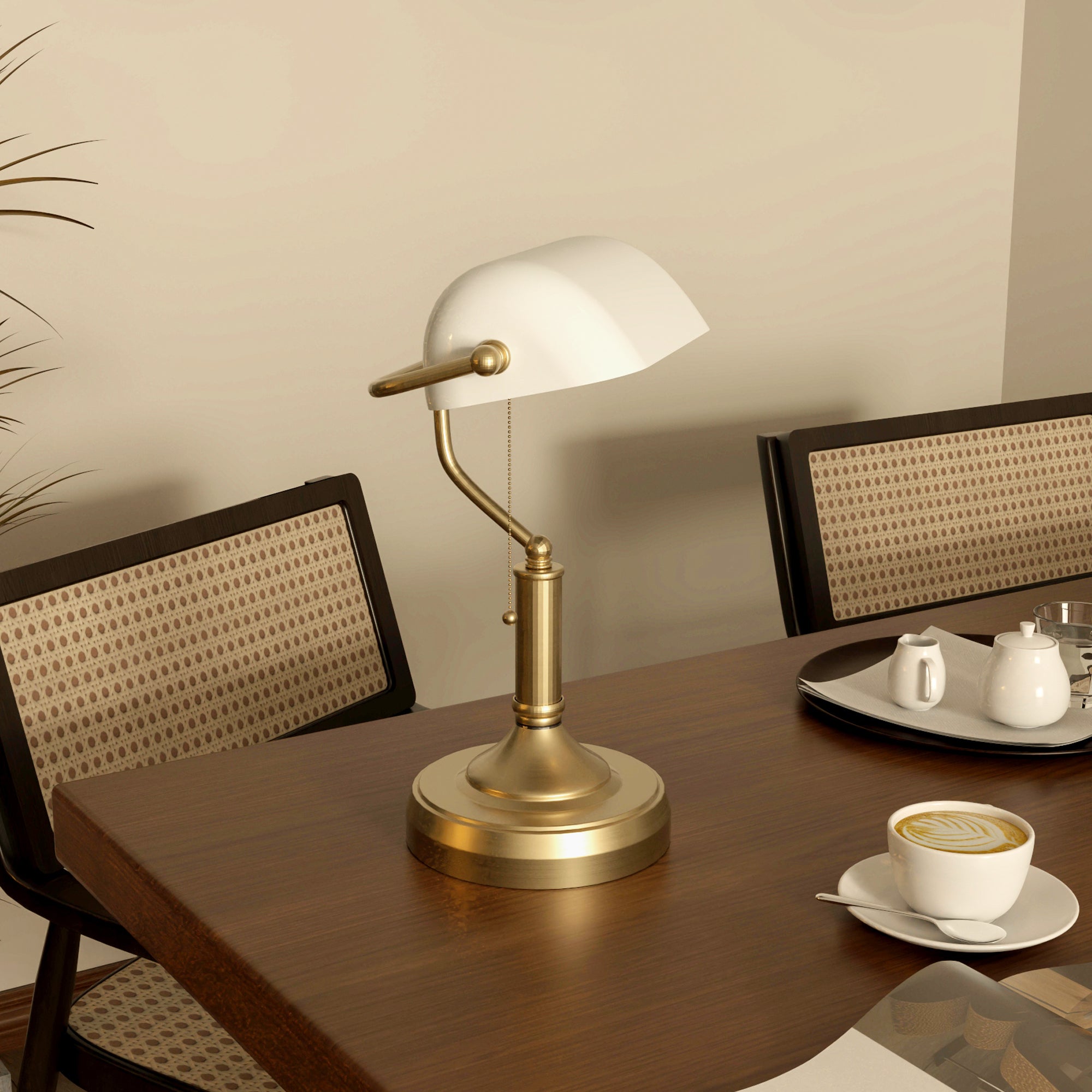 HOMCOM Banker's Desk Lamp with Antique Bronze Tone Base, Table Lamp with White Glass Shade for Home Office, White - North Peak Garden Furniture