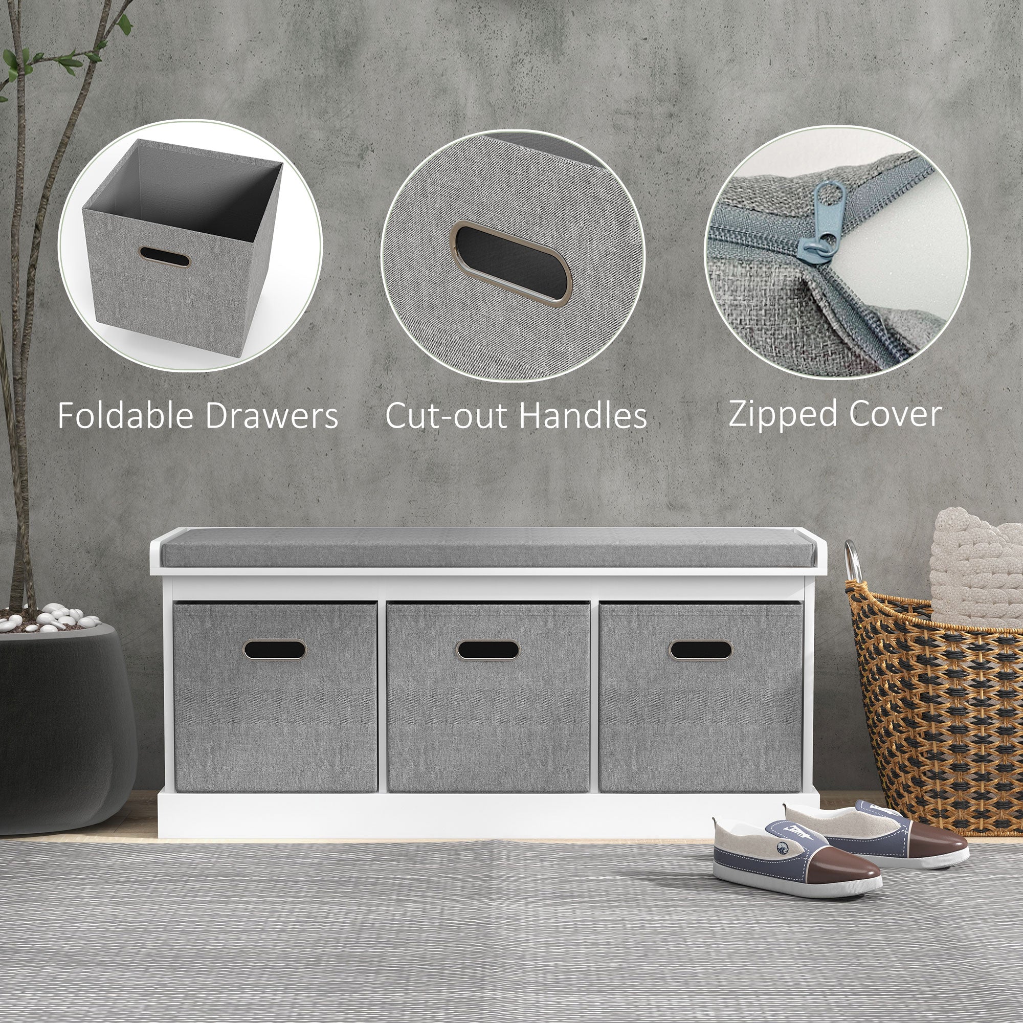 HOMCOM Three-Drawer Shoe Storage Bench, with Padded Top Seat - White - North Peak Garden Furniture