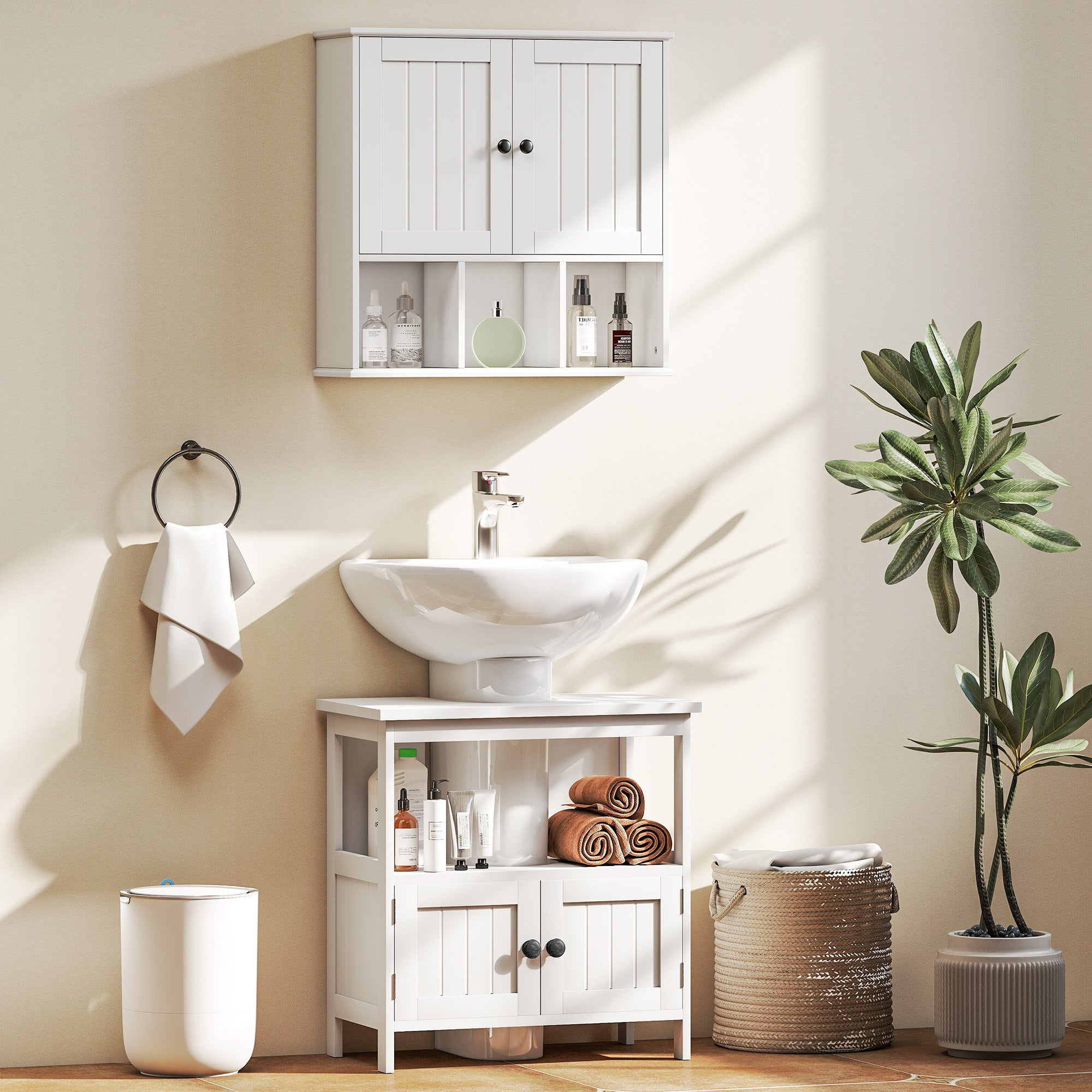 kleankin Pedestal Under Sink Cabinet with Double Doors, Modern Bathroom Vanity Storage Unit with Shelves, White
