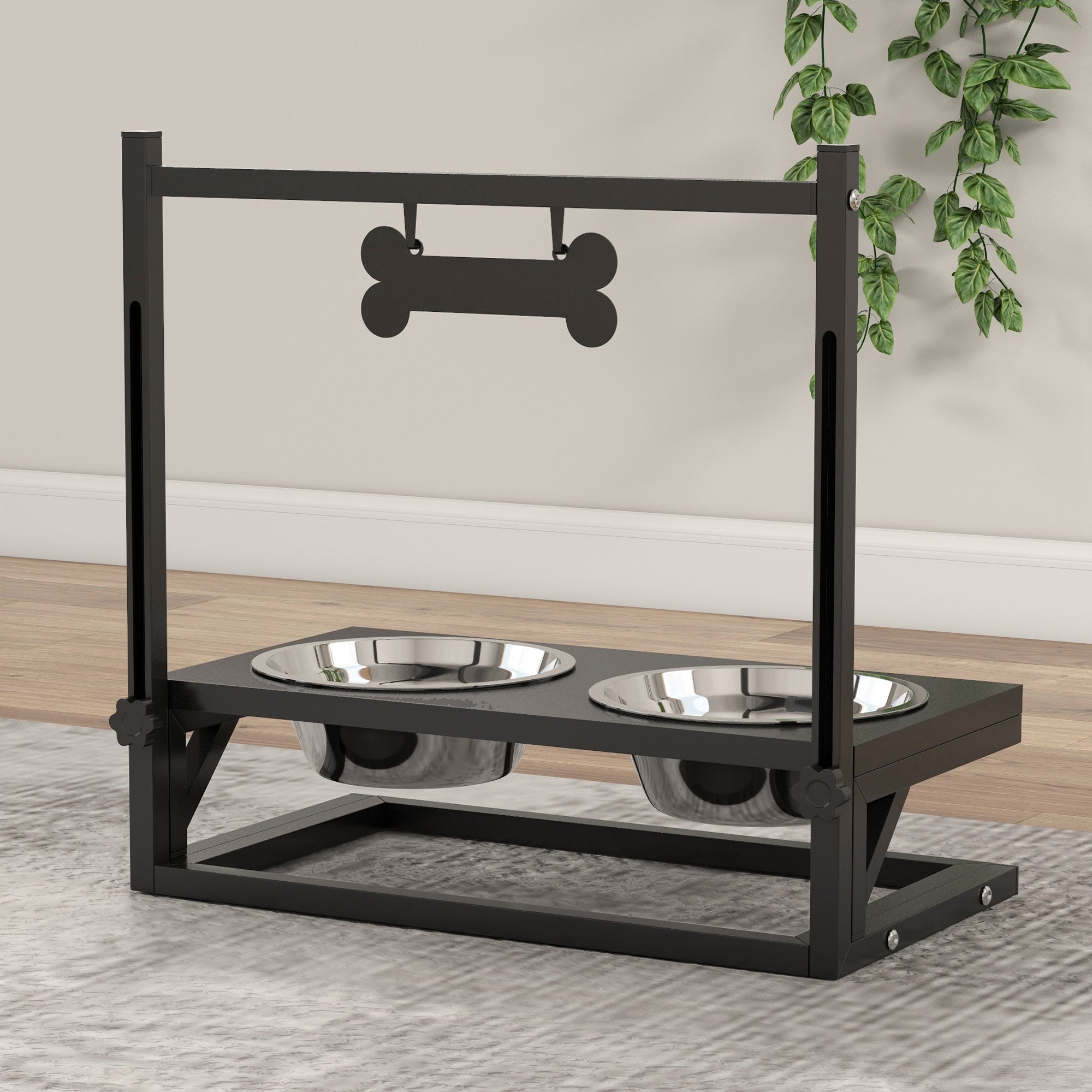 PawHut Dog Bowls with Stand, Adjustable Height Elevated Dog Bows for Small Medium Large Dogs - Black - North Peak Garden Furniture