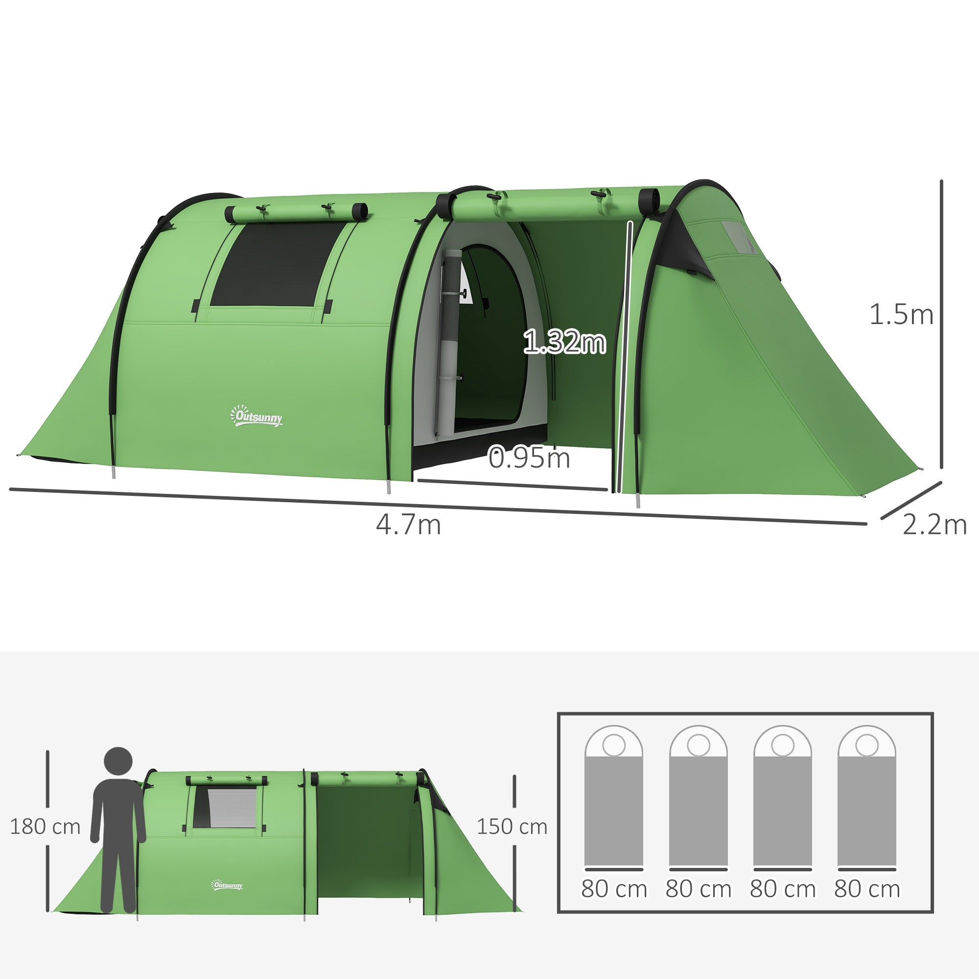 Outsunny Four Man Duo Room Tunnel Tent, with Accessories - Green