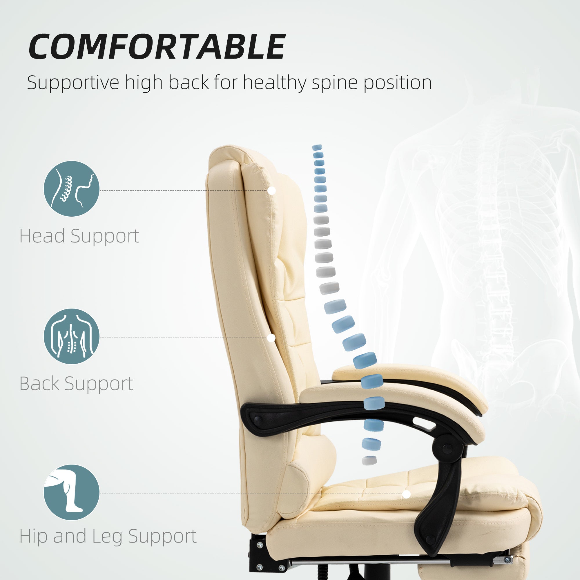 HOMCOM Executive Office Chair, PU Leather High Back Desk Chair with Adjustable Height, Recliner Computer Swivel Chair with Footrest for Home Office, Cream White - North Peak Garden Furniture