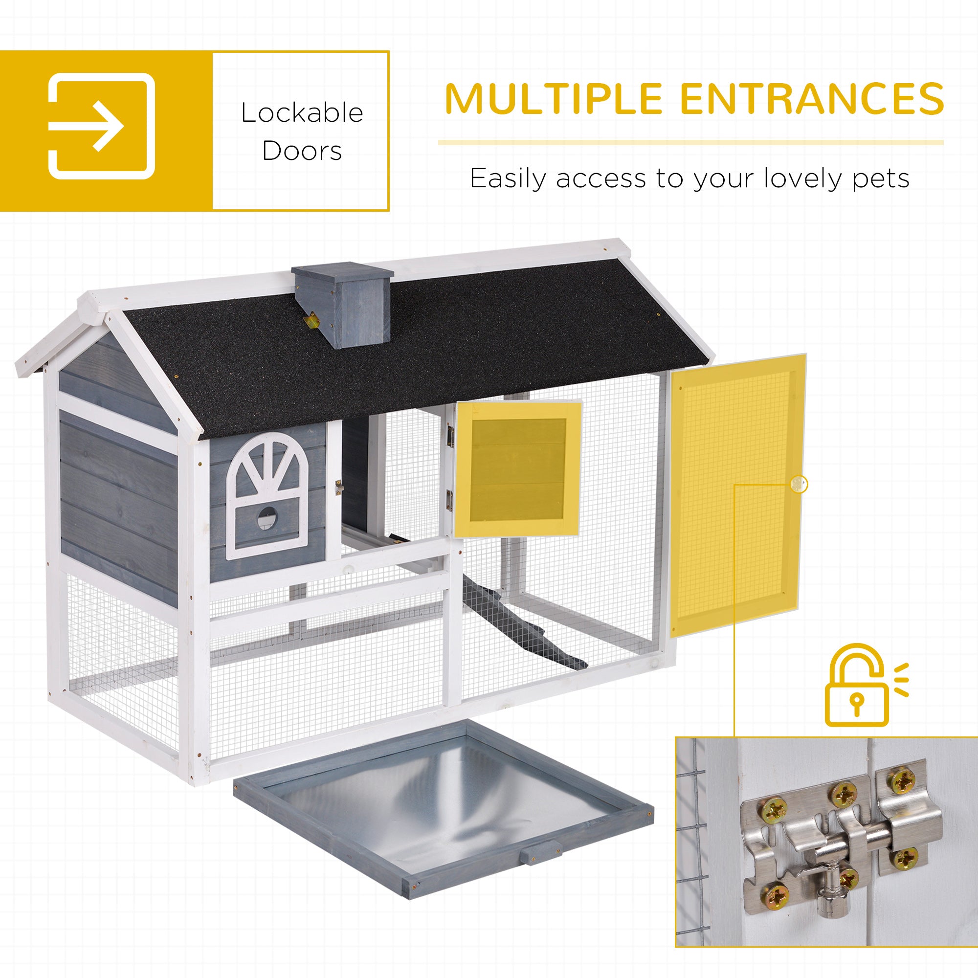 PawHut 2 Tiers Rabbit Hutch and Run Wooden Guinea Pig Hutch Outdoor with Sliding Tray, Ramp, Water-resistant Roof, for 2-4 Rabbits, Grey - North Peak Garden Furniture