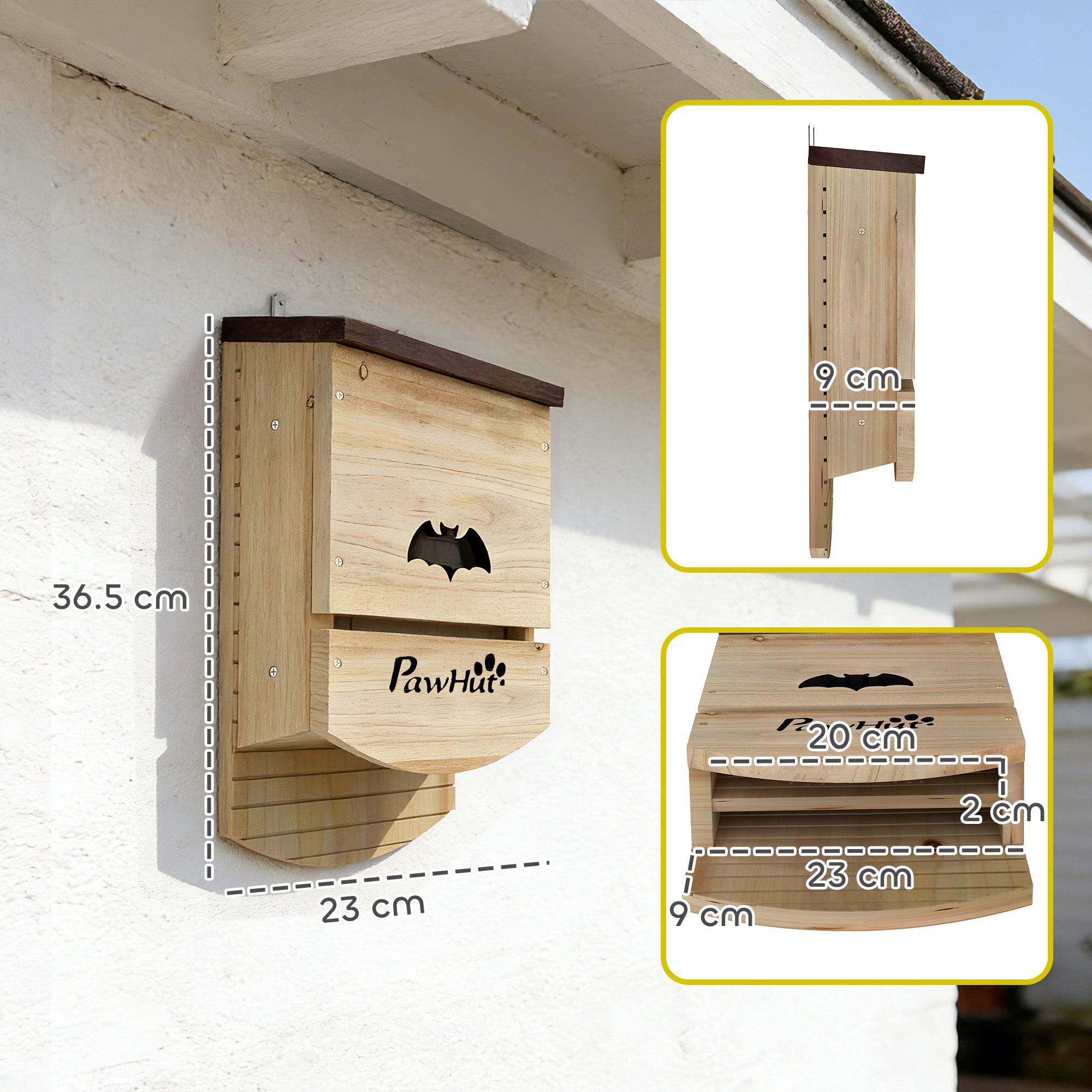 PawHut Bat Boxes, Pack of 3 Wooden Bat Houses for Outdoor, Garden, Farm, Easy to Hang, 23 x 9.5 x 36.5 cm, Natural