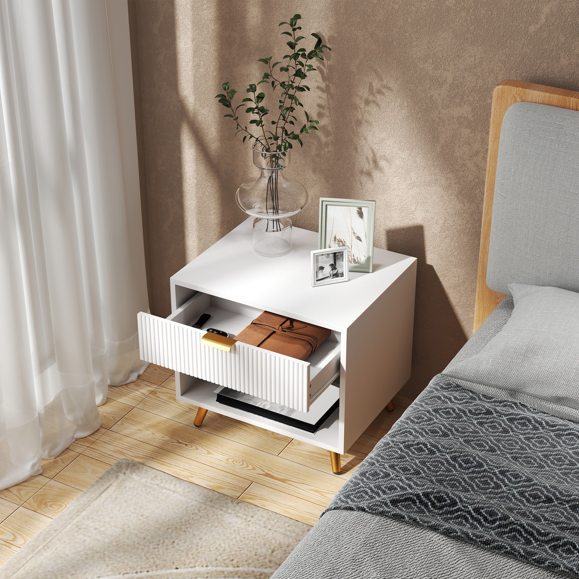 HOMCOM Elegant Bedside Table, with Drawer and Shelf - White/Gold Tone - North Peak Garden Furniture