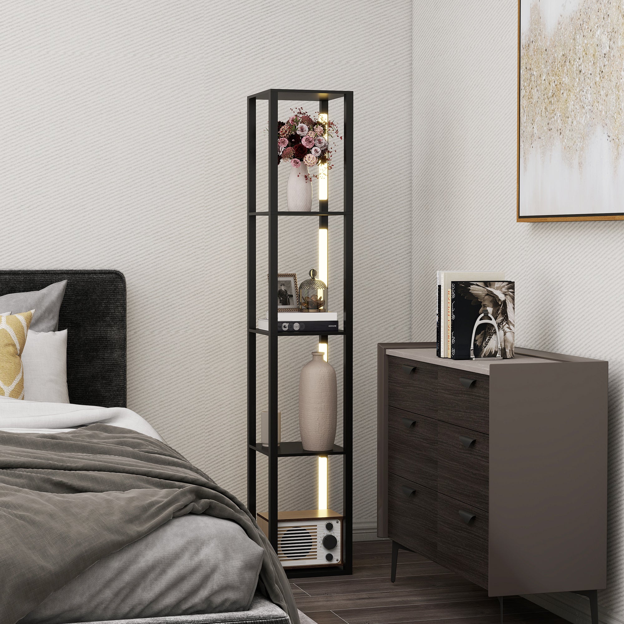 HOMCOM Floor Lamp with Shelves, 4 Layer Dimmable Column Modern Standing Lamp with 3 Brightness Levels and Foot Switch for Living Room, Bedroom, Office, Black - North Peak Garden Furniture