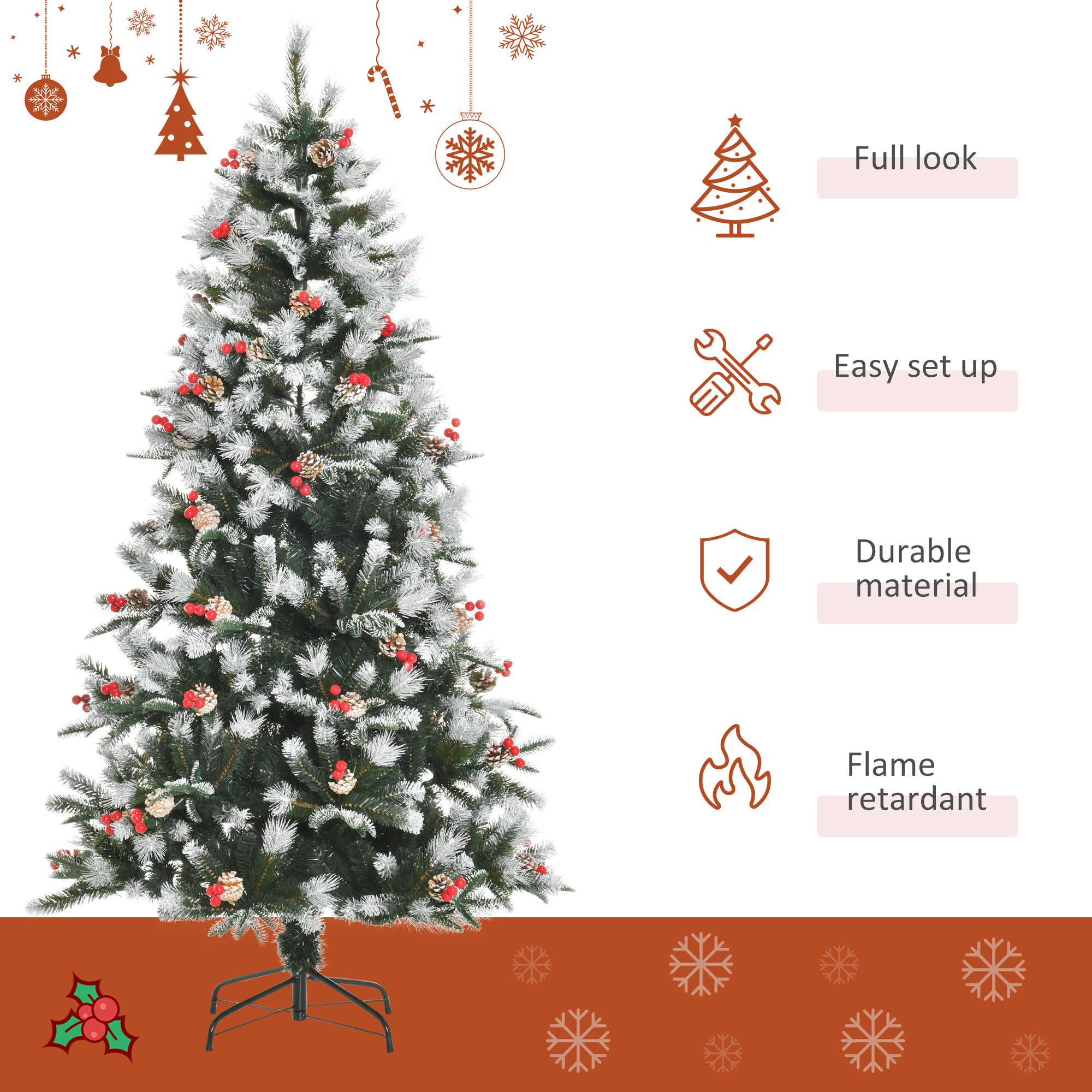 HOMCOM 6FT Artificial Snow Dipped Christmas Tree Xmas Pencil Tree Holiday Home Party Decoration with Foldable Feet Red Berries White Pinecones, Green - North Peak Garden Furniture