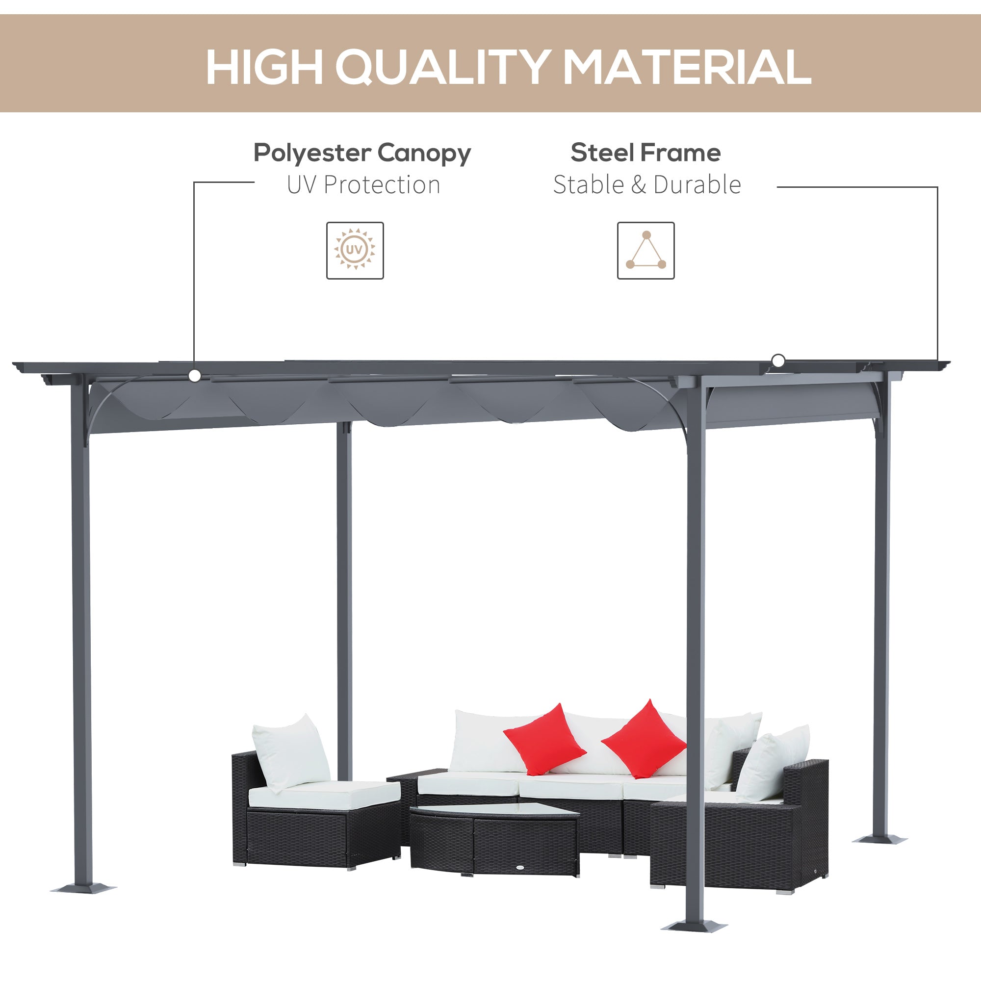 Outsunny 3.5M X 3.5M Metal Pergola Gazebo Awning Retractable Canopy Outdoor Garden Sun Shade Shelter Marquee Party BBQ, Grey - North Peak Garden Furniture