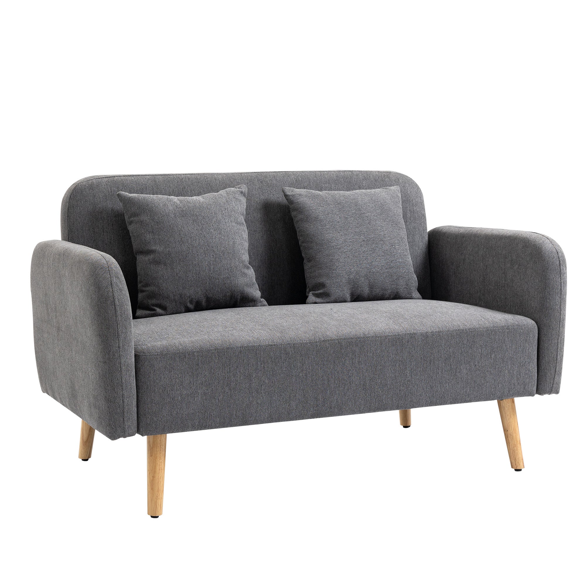 HOMCOM 2 Seater Sofa, Modern Fabric Loveseat Sofa, Small Couch with 2 Pillows, Armrest and Wood Legs for Living Room, Bedroom, Home Office, Grey - North Peak Garden Furniture