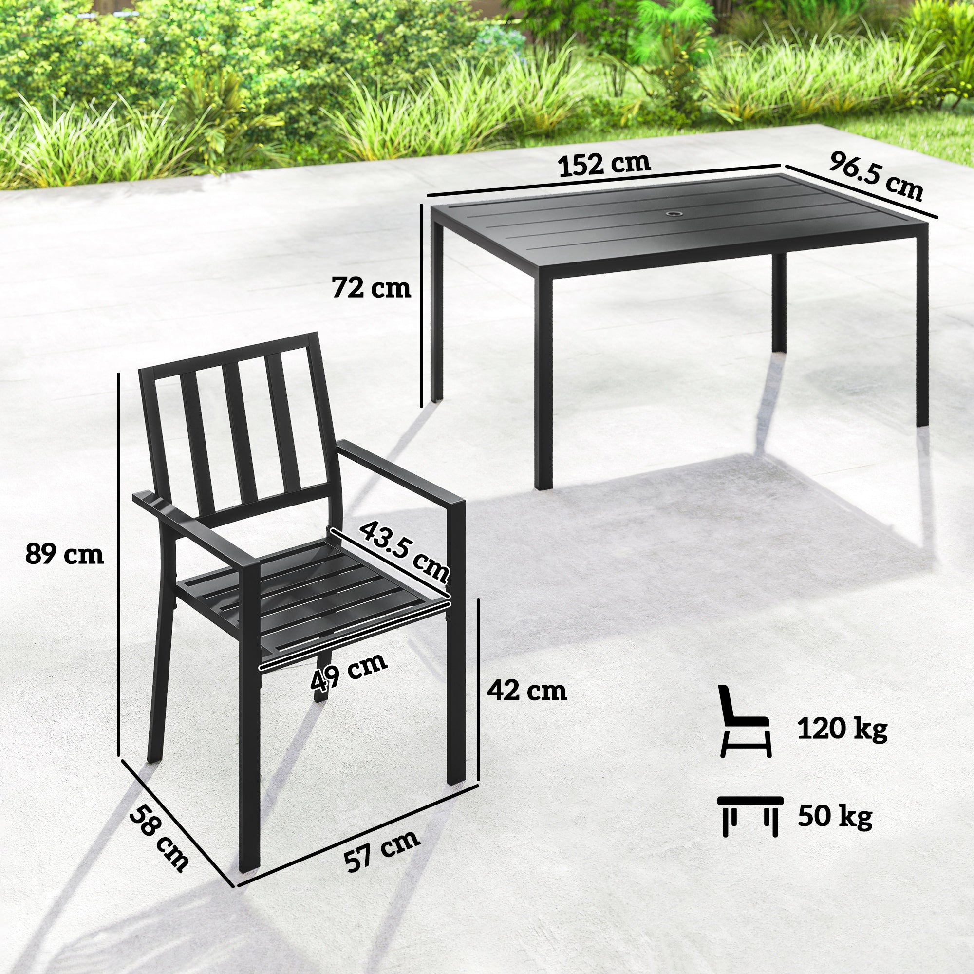 Outsunny Seven-Piece Minimal Metal Garden Dining Set, with Parasol Hole - Black - North Peak Garden Furniture