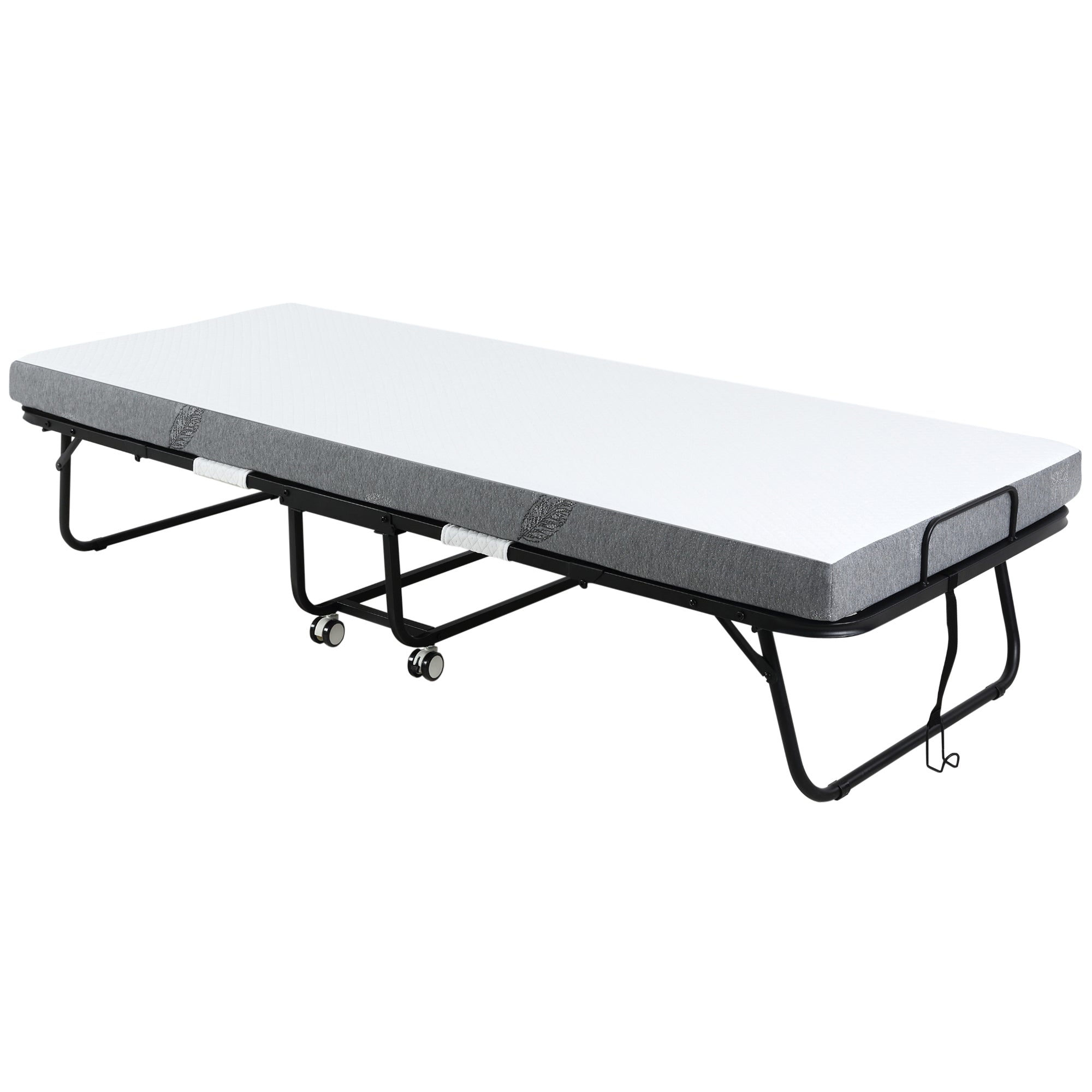 HOMCOM Folding Bed with 10cm Mattress, Portable Foldable Guest Bed with Sturdy Metal Frame on Wheels - North Peak Garden Furniture