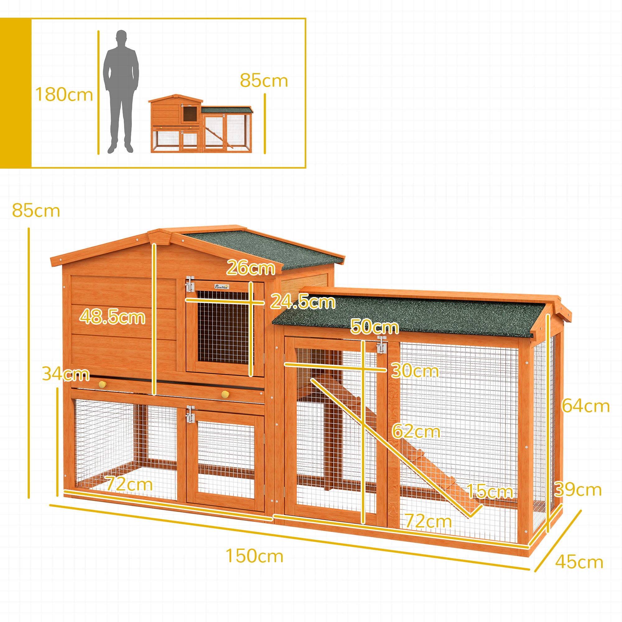 PawHut Two-Tier Rabbit Hutch with Run, Ramp, Slide-Out Tray, for Garden - Orange