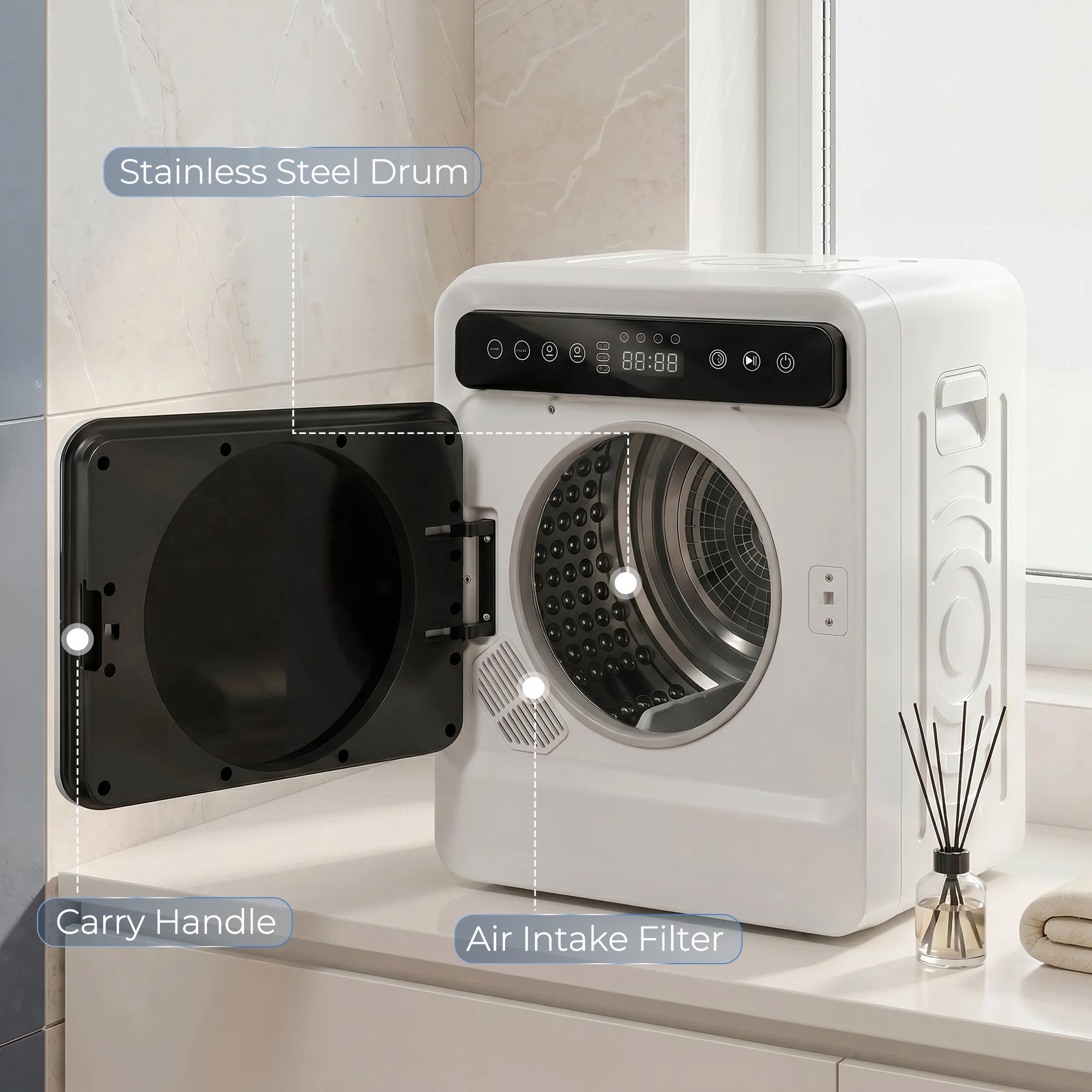HOMCOM 5kg Vented Tumble Dryer, 1000W Compact Tumble Dryer with Smart Drying, Freestanding Stackable Clothes Drying Machine