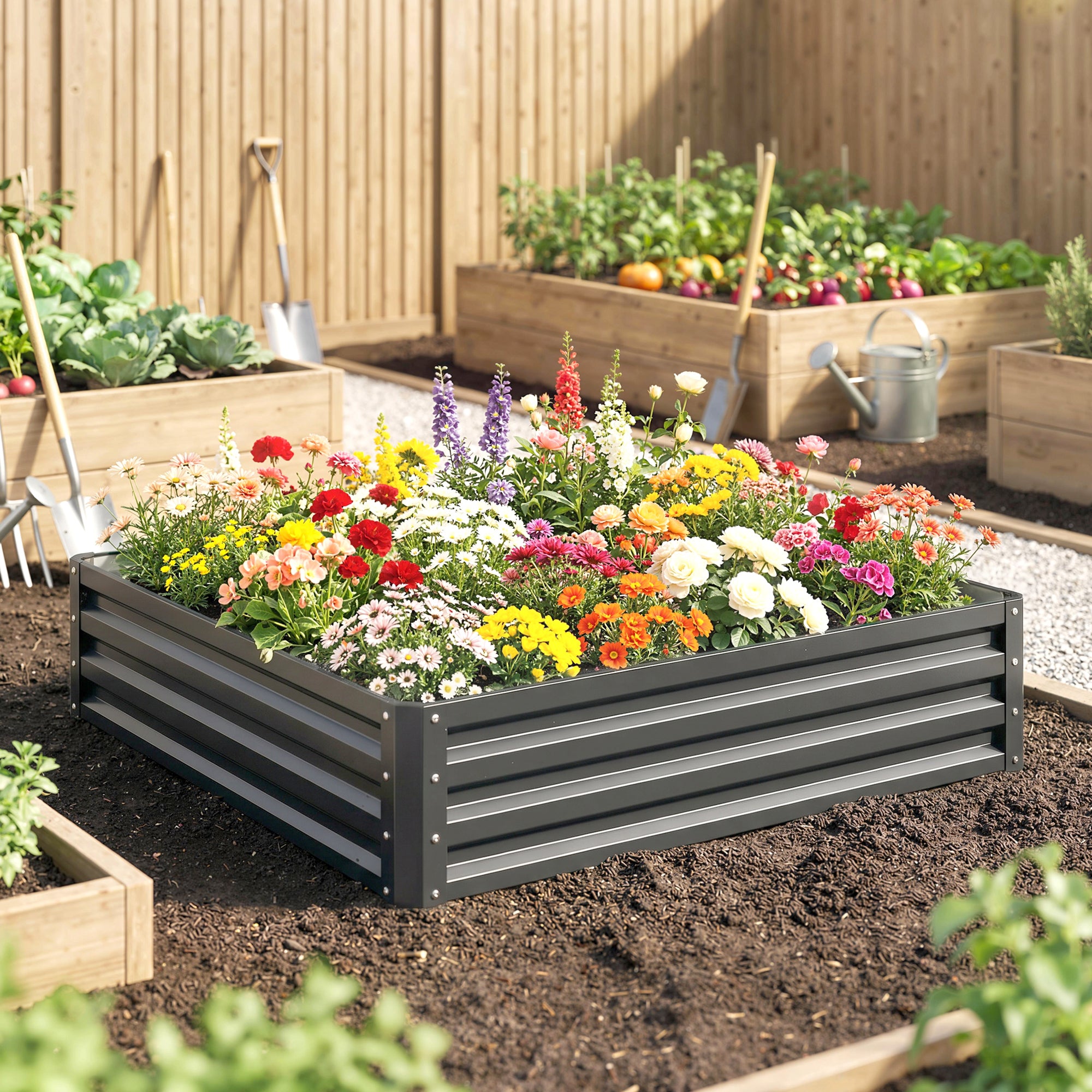 Outsunny 432L Square Raised Garden Bed Box Steel Frame for Vegetables, Flowers and Herbs, 120 x 120 x 30cm, Light Grey