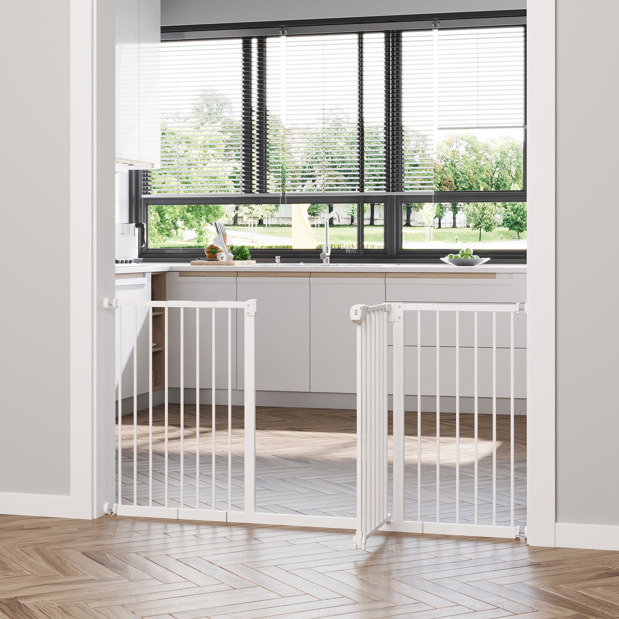 PawHut Dog Gate Stair Gate Pressure Fit Pets Barrier Auto Close for Doorway Hallway, 74-148cm Wide Adjustable, White - North Peak Garden Furniture