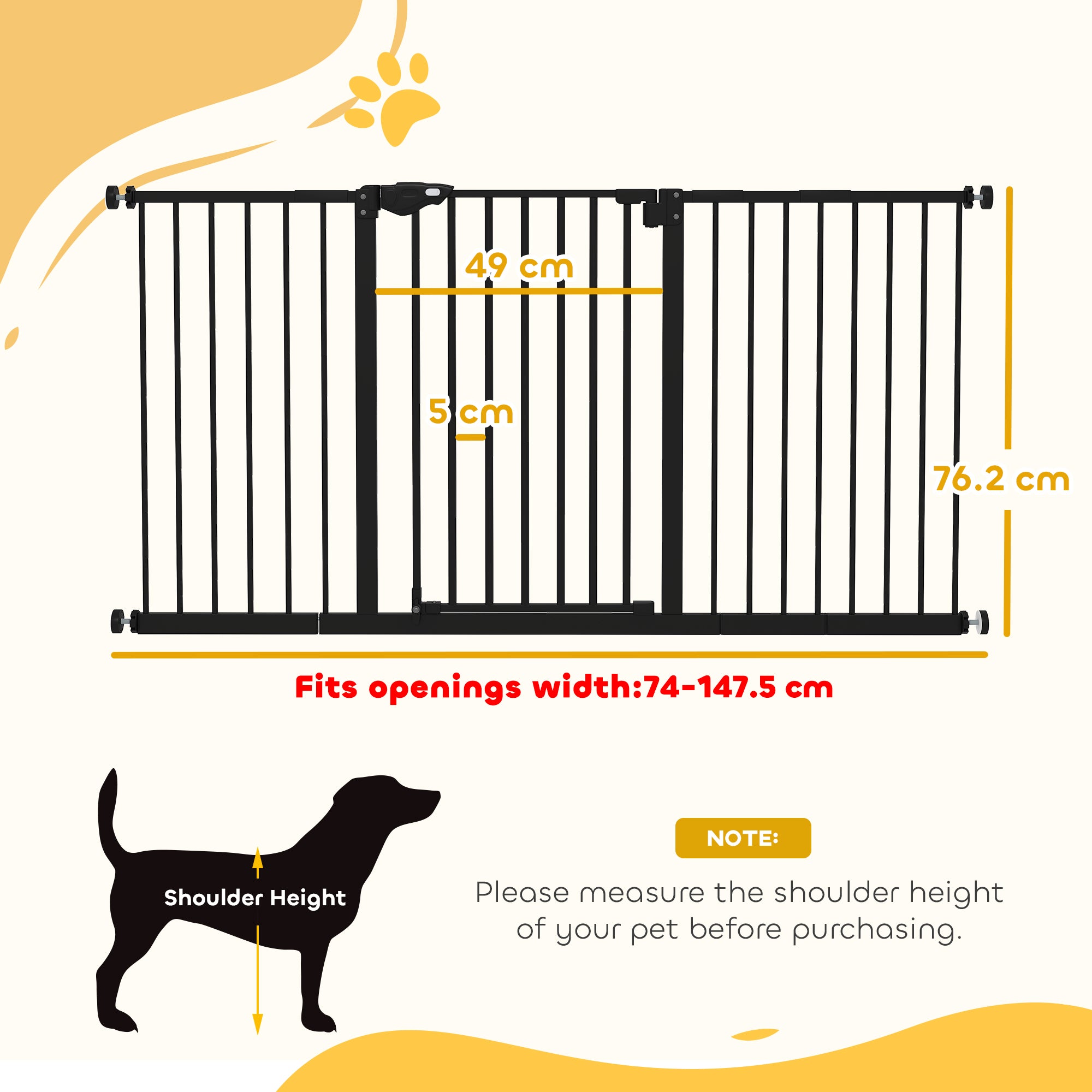 PawHut Dog Gate Stair Gate Pressure Fit Pets Barrier Auto Close for Doorway Hallway, 74-148cm Wide Adjustable, Black - North Peak Garden Furniture