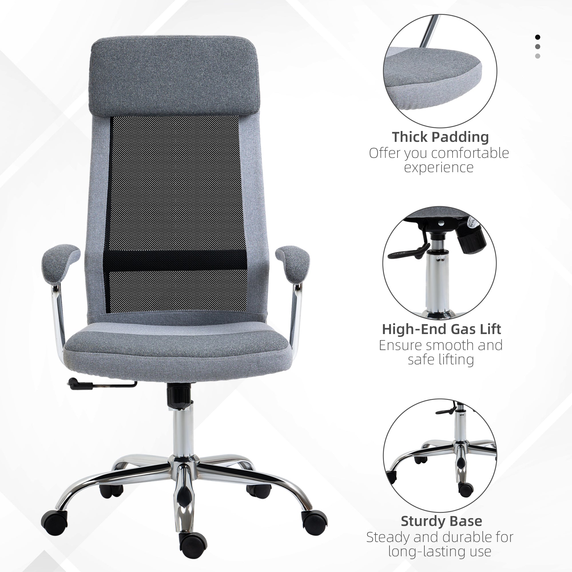 Vinsetto Office Chair, Ergonomic Desk Chair, High Back Computer Chair with Adjustable Height, Swivel Rolling Wheels, Mesh Back and Linen-Feel Fabric Seat for Home and Study, Grey - North Peak Garden Furniture