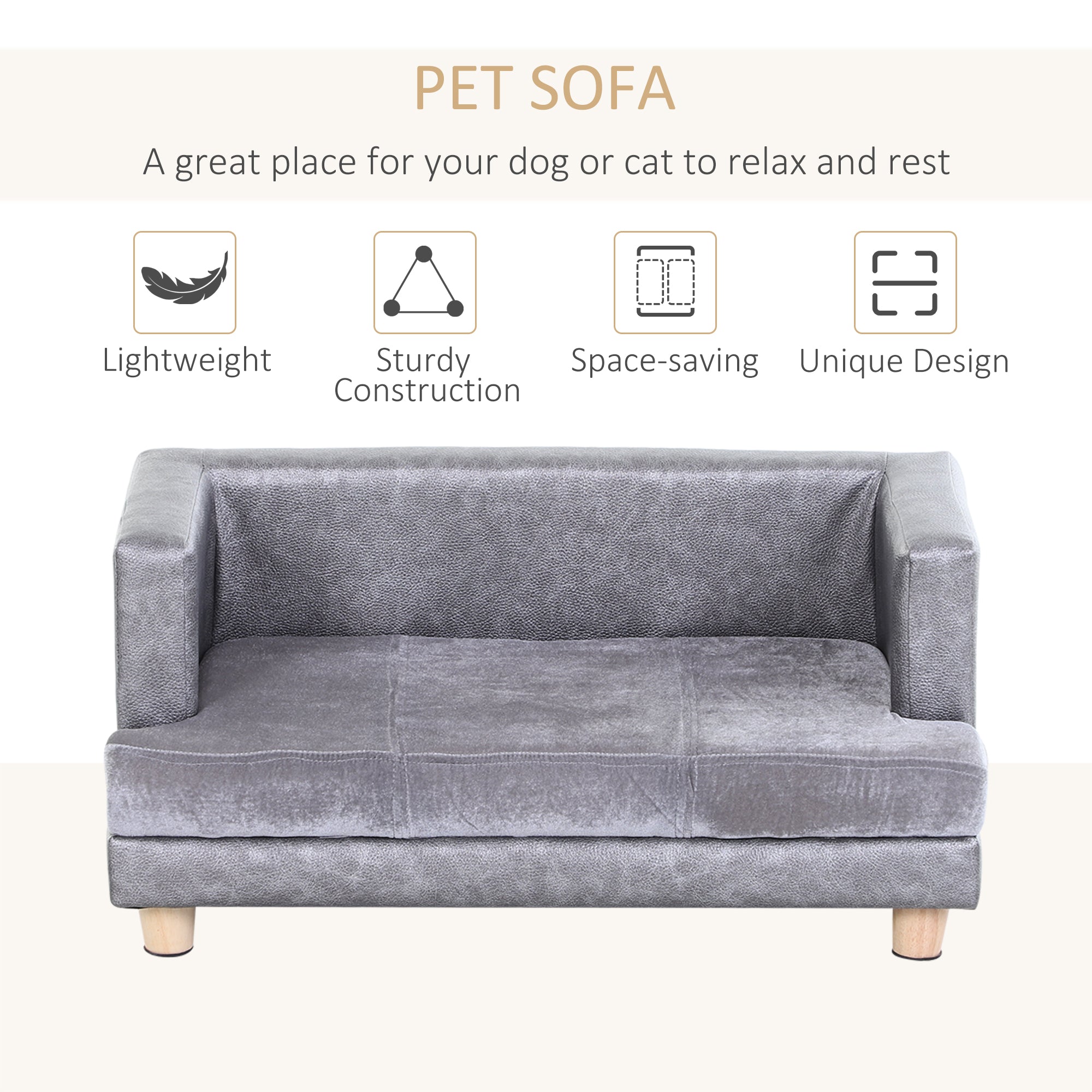 PawHut Dog Sofa Bed for Small-Sized Dogs, Elevated Pet Chair with PU Cover, Soft Cushion, Cat Couch Lounger with Anti-slip Legs - Grey - North Peak Garden Furniture