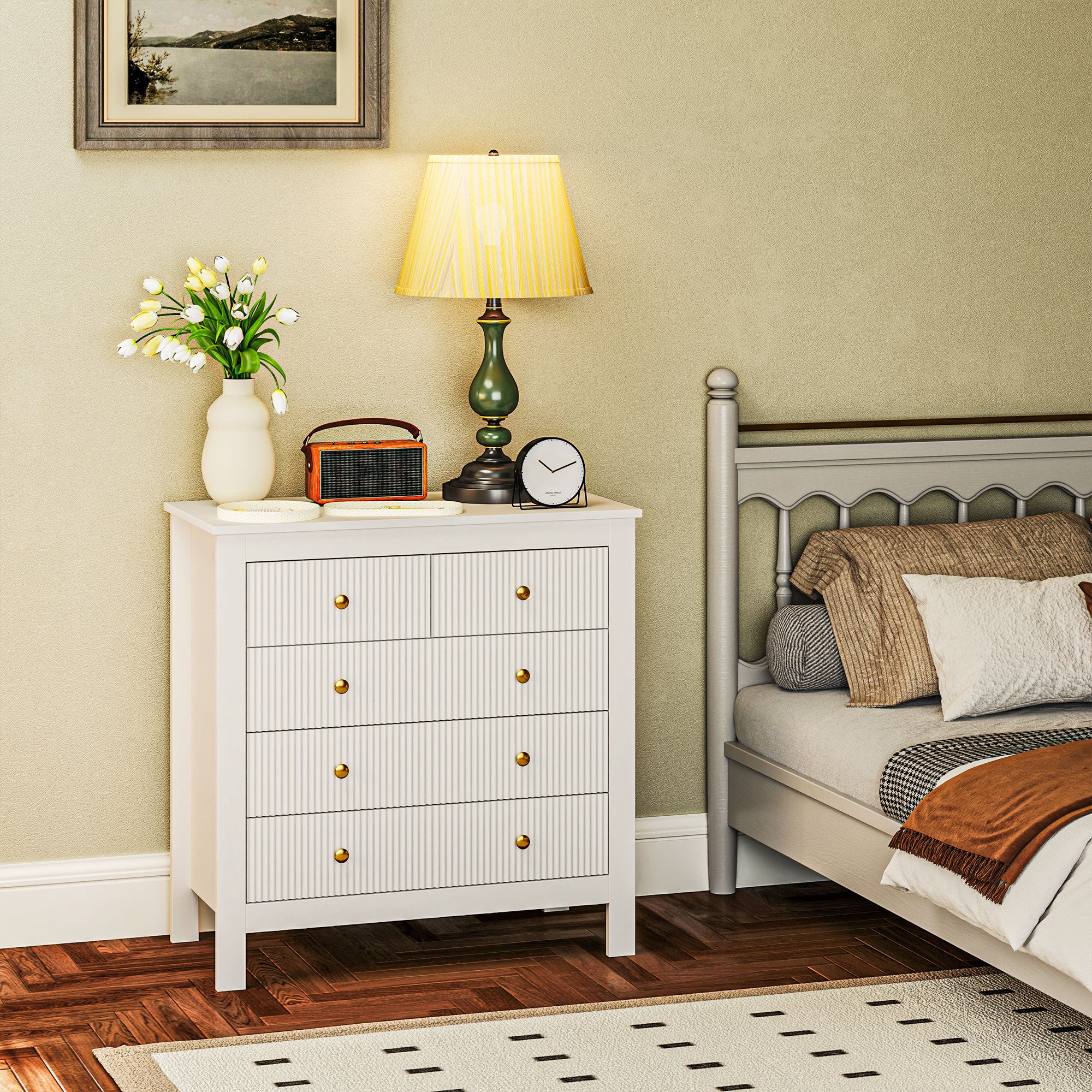 HOMCOM Elegant Chest of Five Drawers - White - North Peak Garden Furniture