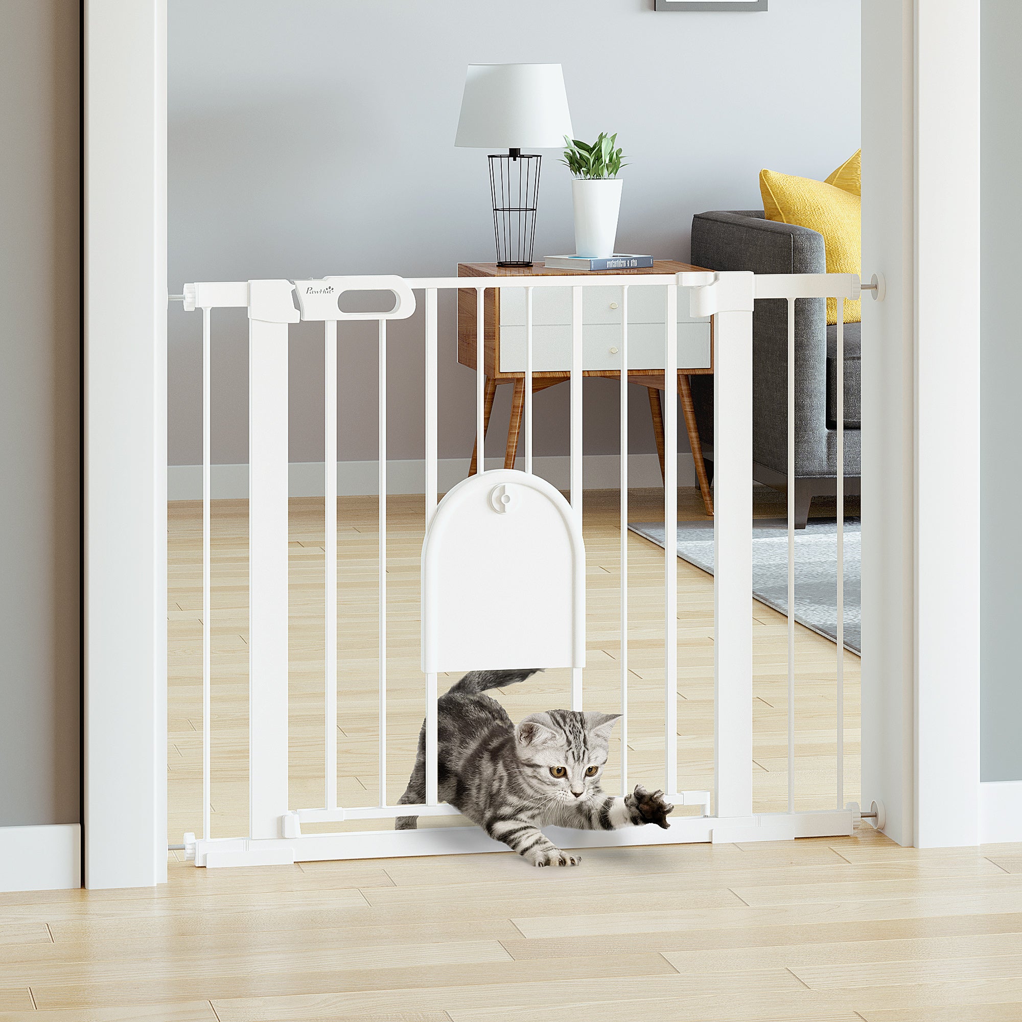 PawHut Dog Gate with Cat Flap Pet Safety Gate Barrier, Stair Pressure Fit, Auto Close, Double Locking, for Doorways, Hallways, 75-103 cm White - North Peak Garden Furniture