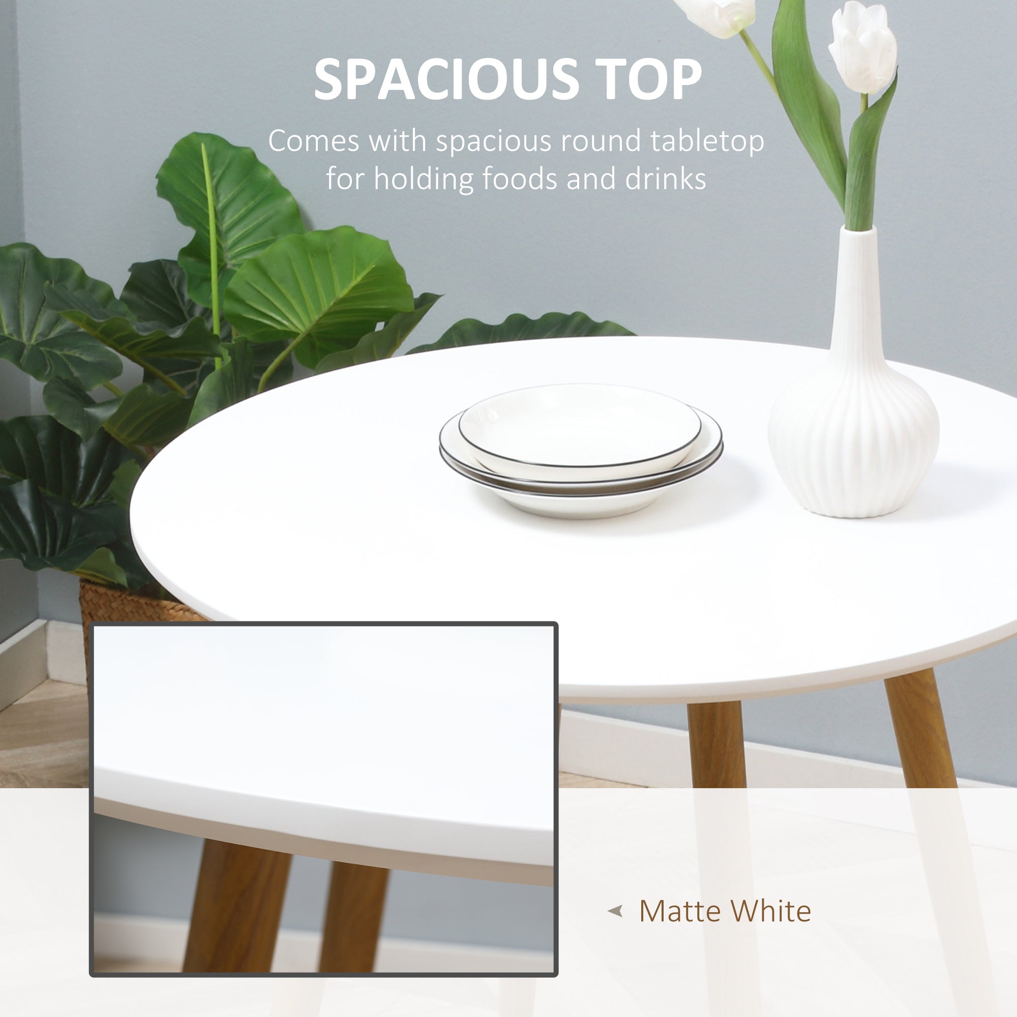 HOMCOM Modern Dining Table for 2 People, Round Kitchen Table, with Matte Top and Metal legs, Dining Room Living Room, White - North Peak Garden Furniture