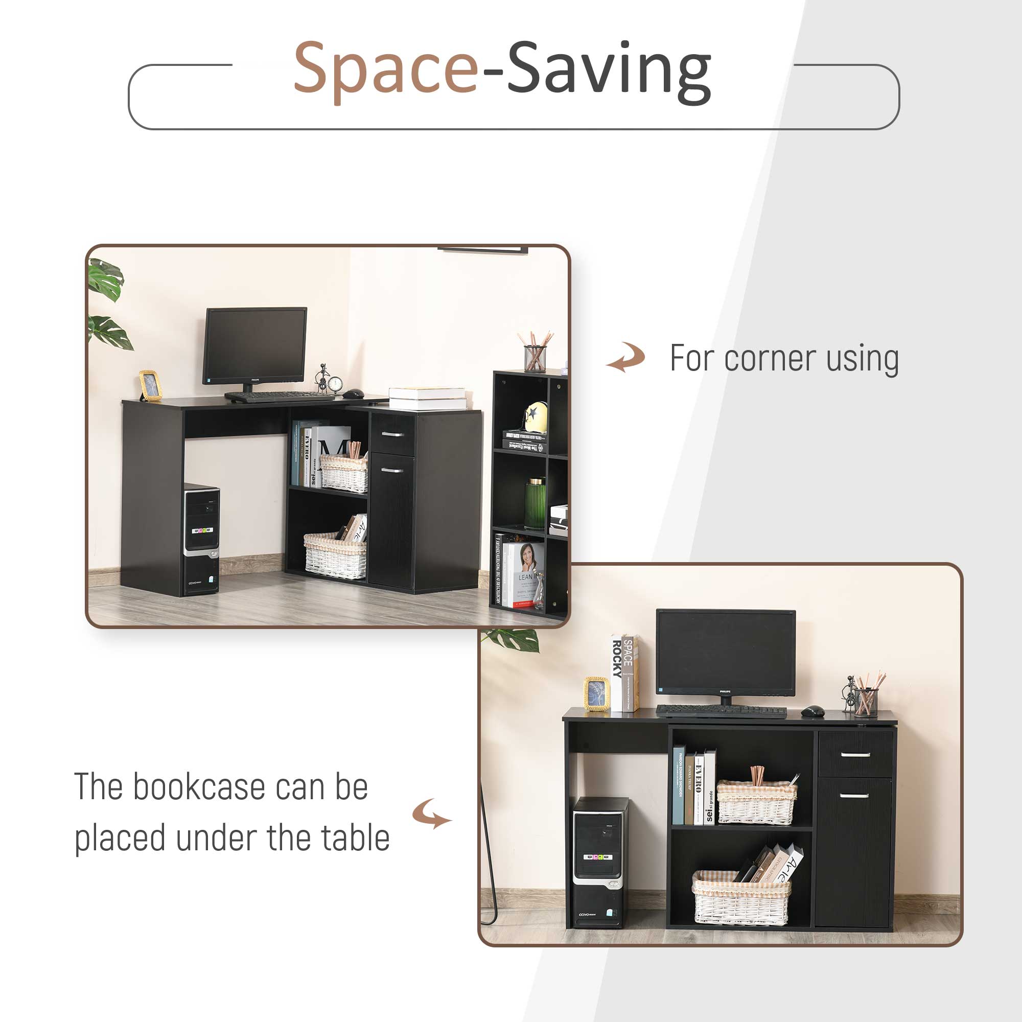 HOMCOM L-Shaped Desk, Corner Computer Desk, Adjustable Study Table with Storage Shelf, Drawer and Cabinet, Workstation for Home Office, Black Wood Grain - North Peak Garden Furniture