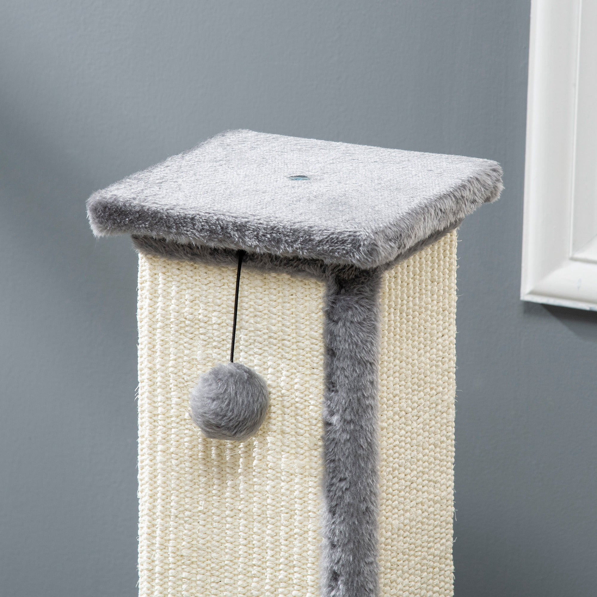 PawHut 81cm Cat Scratcher, Vertical Full Scratcher w/ Natural Sisal Rope, Hanging Ball, Soft Plush - Grey - North Peak Garden Furniture