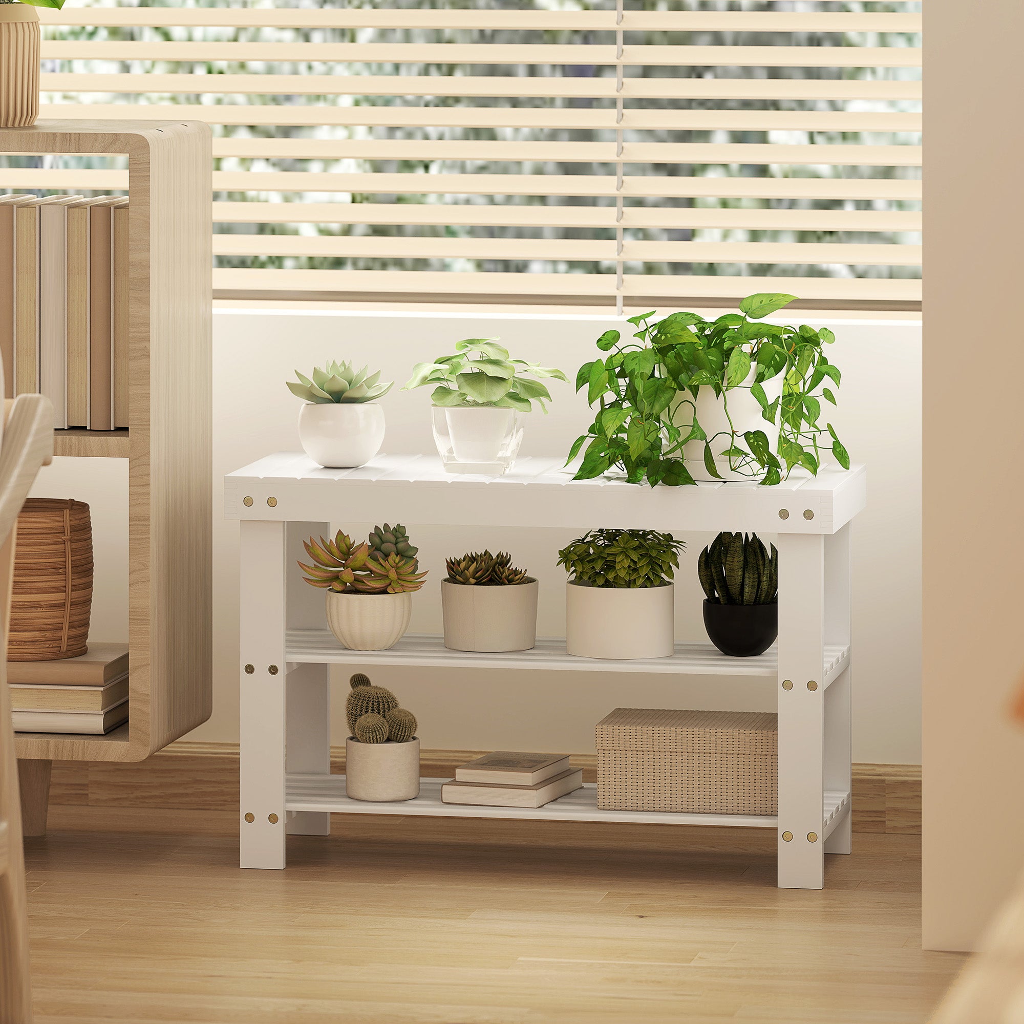 HOMCOM Two Shelf Bamboo Shoe Storage Bench - White
