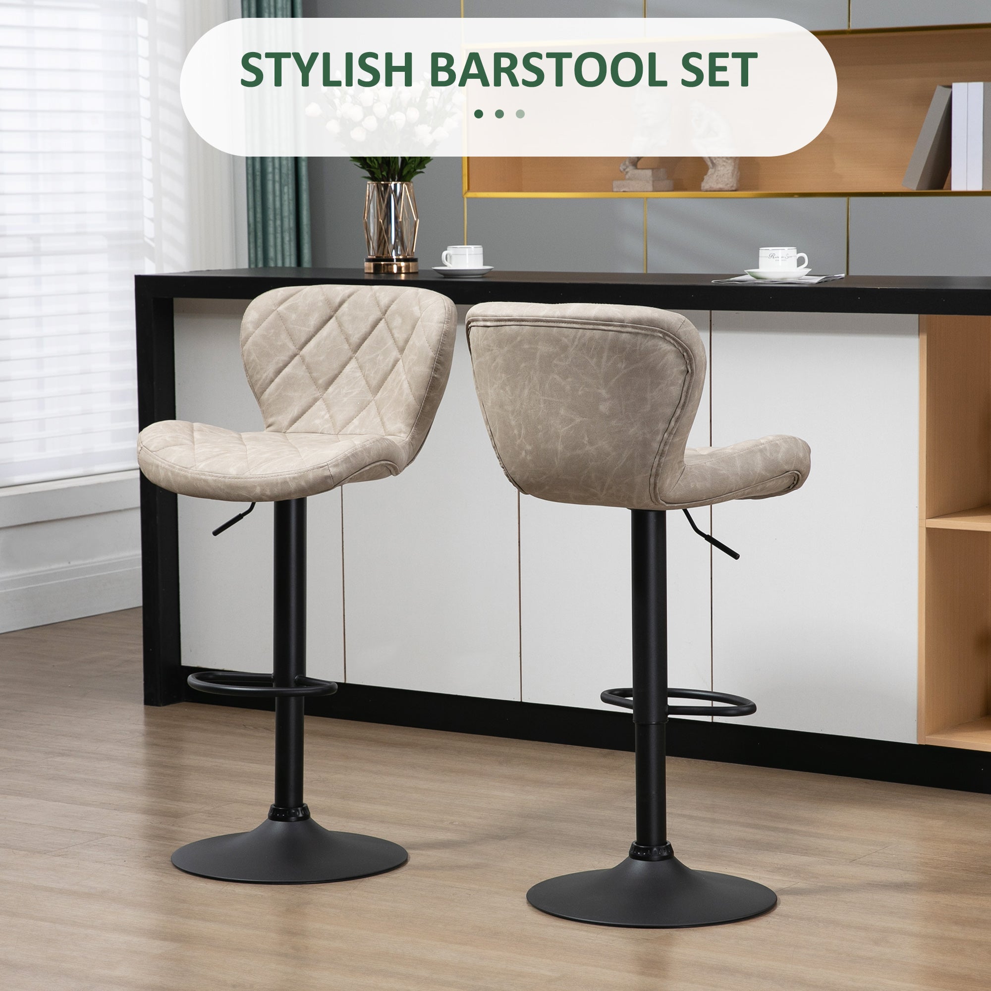 HOMCOM Bar Stools, Set of 2 Breakfast Bar Chairs, Swivel Barstools with Backrest and Footrest, Steel Frame Diamond Pattern PU, for Kitchen Counter, Dining Room, Light Khaki - North Peak Garden Furniture