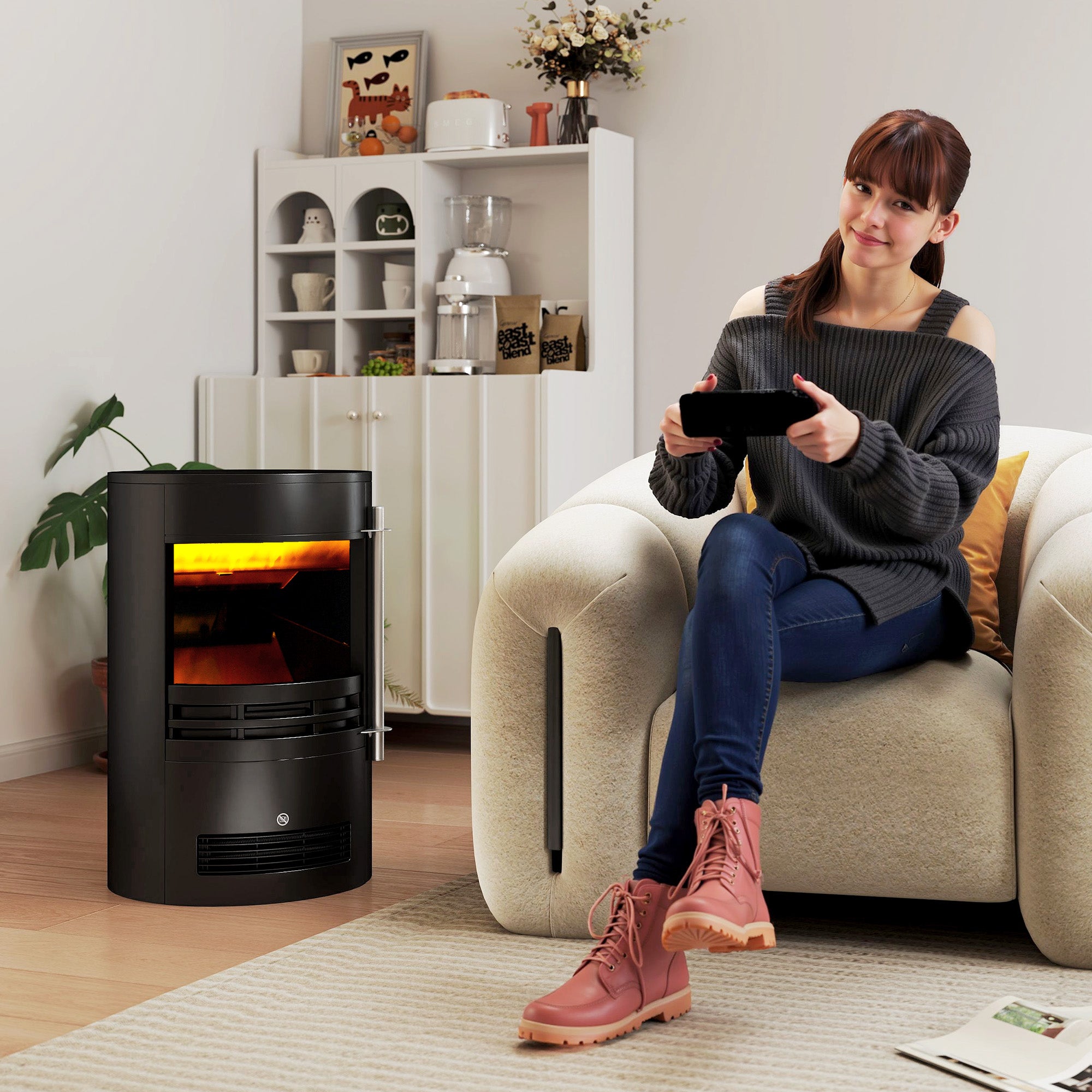 HOMCOM 1000W/2000W Freestanding Electric Fireplace, Indoor Heater Fire Stove with Log Burner Effect Flame, Thermostat Control