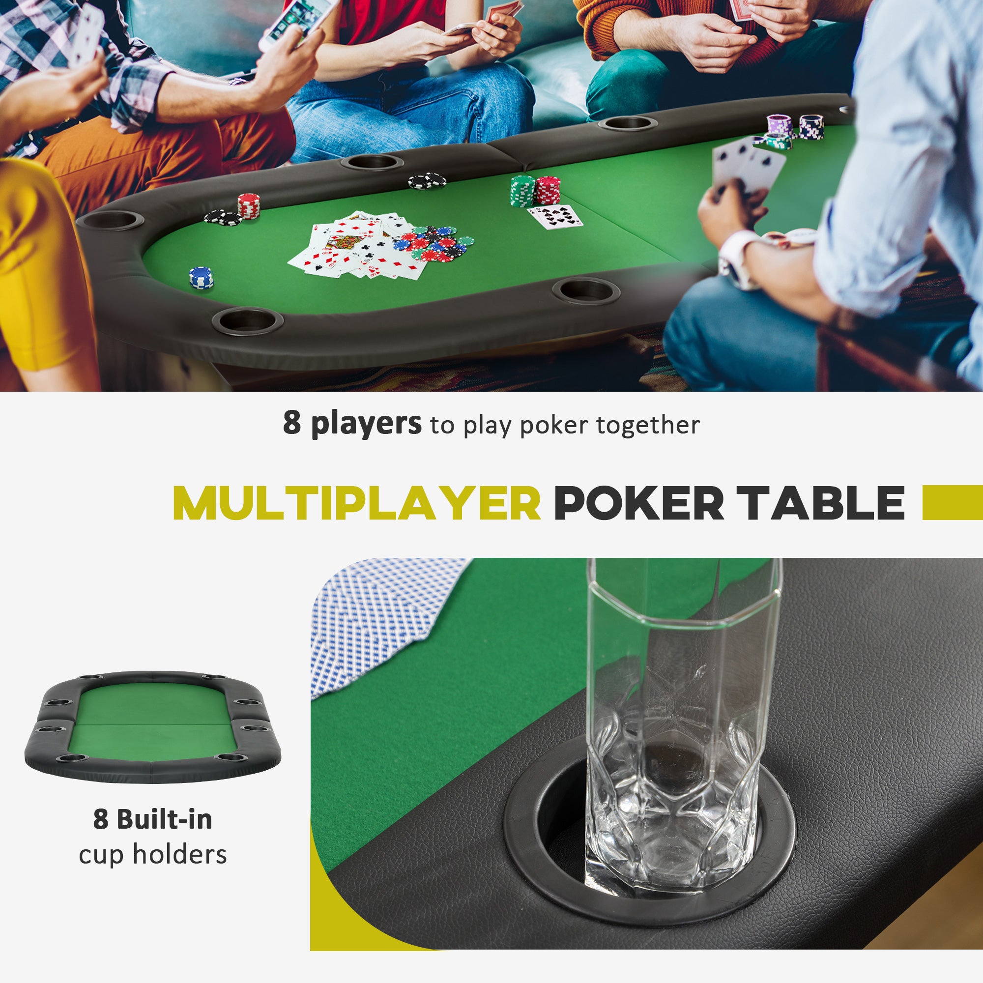 HOMCOM 8 Player Folding Poker Table, Oval Portable Blackjack Casino Table with Cup Holder, Felt Top and Metal Base, 183 x 82 x 75cm, Green and Black - North Peak Garden Furniture