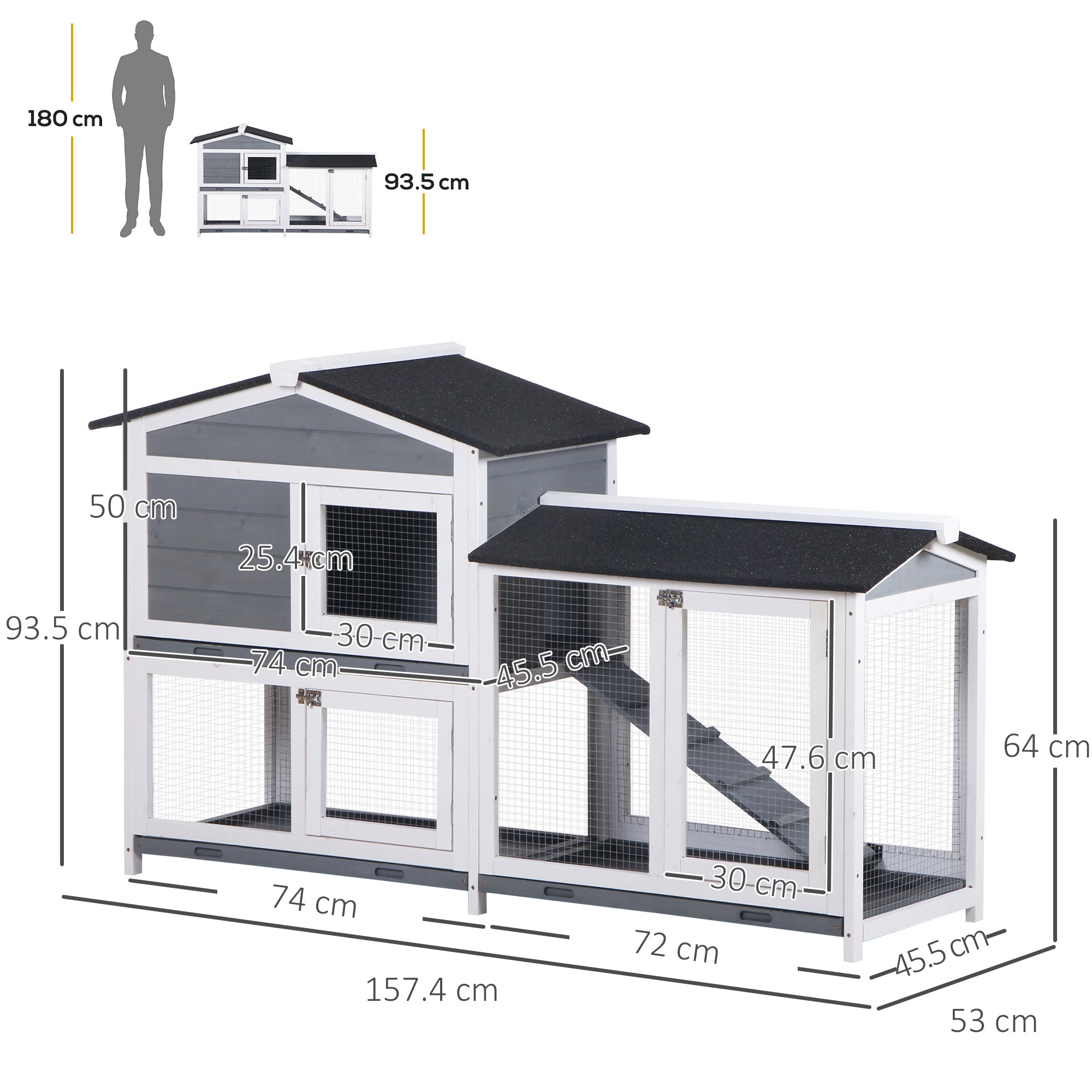 PawHut Wooden 2-Tier Rabbit Hutch w/ Tray Ramp Grey - North Peak Garden Furniture